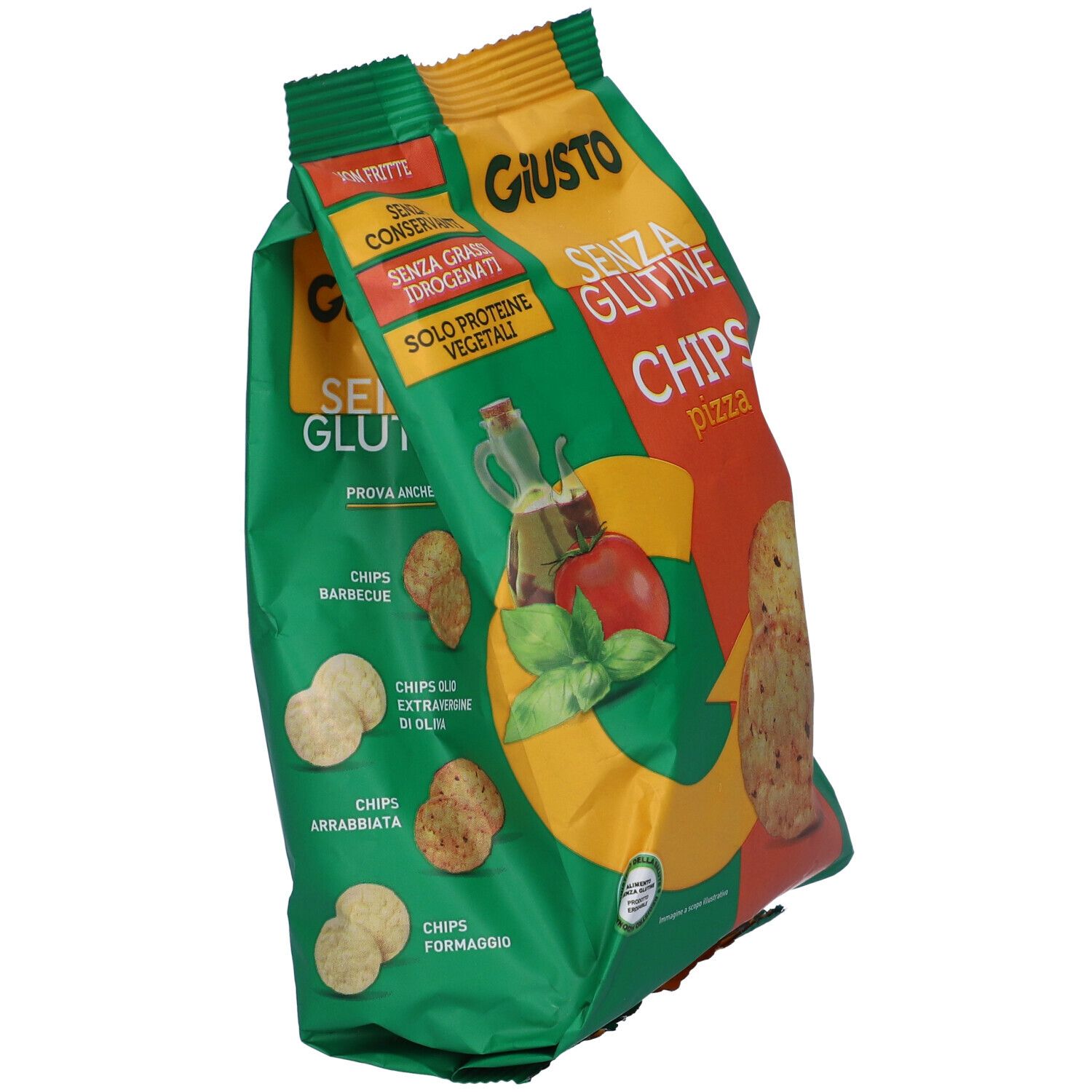 Confezione verde di patatine Giusto Senza Glutine Pizza. Immagini di patatine e ingredienti. Testo: Non Frite, Senza Glutine, Pizza.