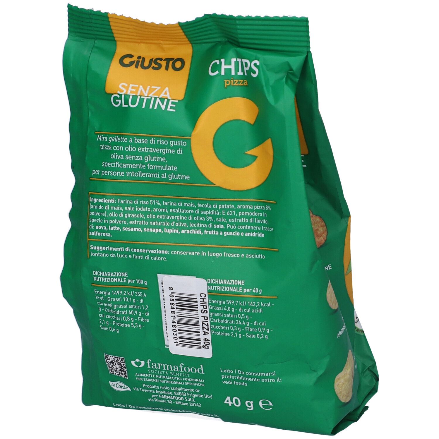 Retro della confezione verde di patatine Giusto Senza Glutine Pizza. Testo e informazioni nutrizionali. 40g.