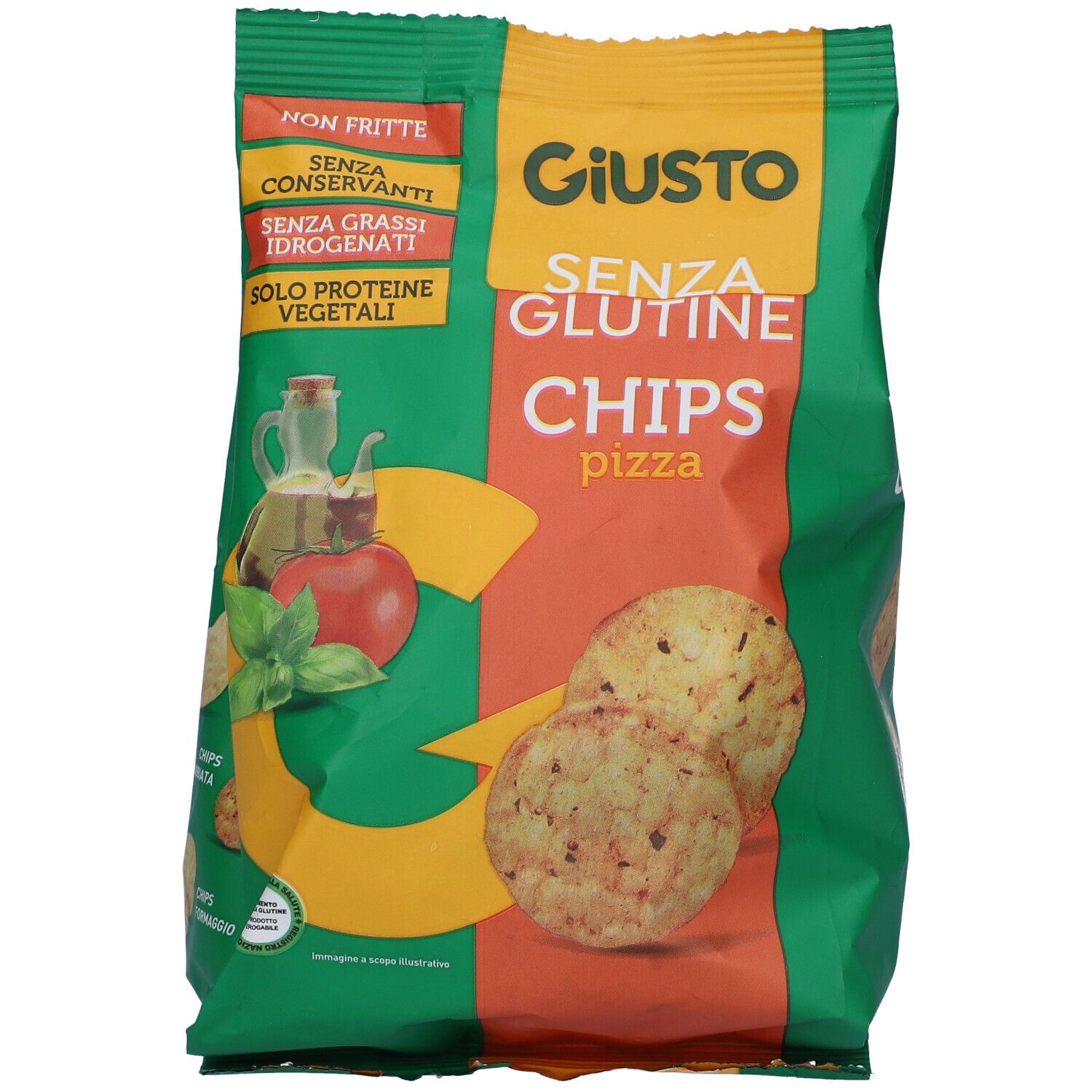 Confezione verde di patatine Giusto Senza Glutine Pizza. Immagini di patatine e ingredienti. Testo: Non Frite, Senza Glutine, Pizza.