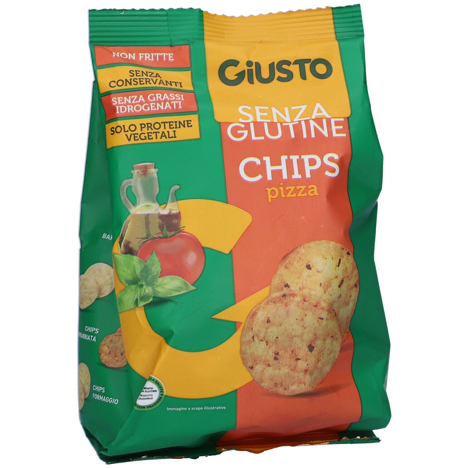 Confezione verde di patatine Giusto Senza Glutine Pizza. Immagini di patatine e ingredienti. Testo: Non Frite, Senza Glutine, Pizza.