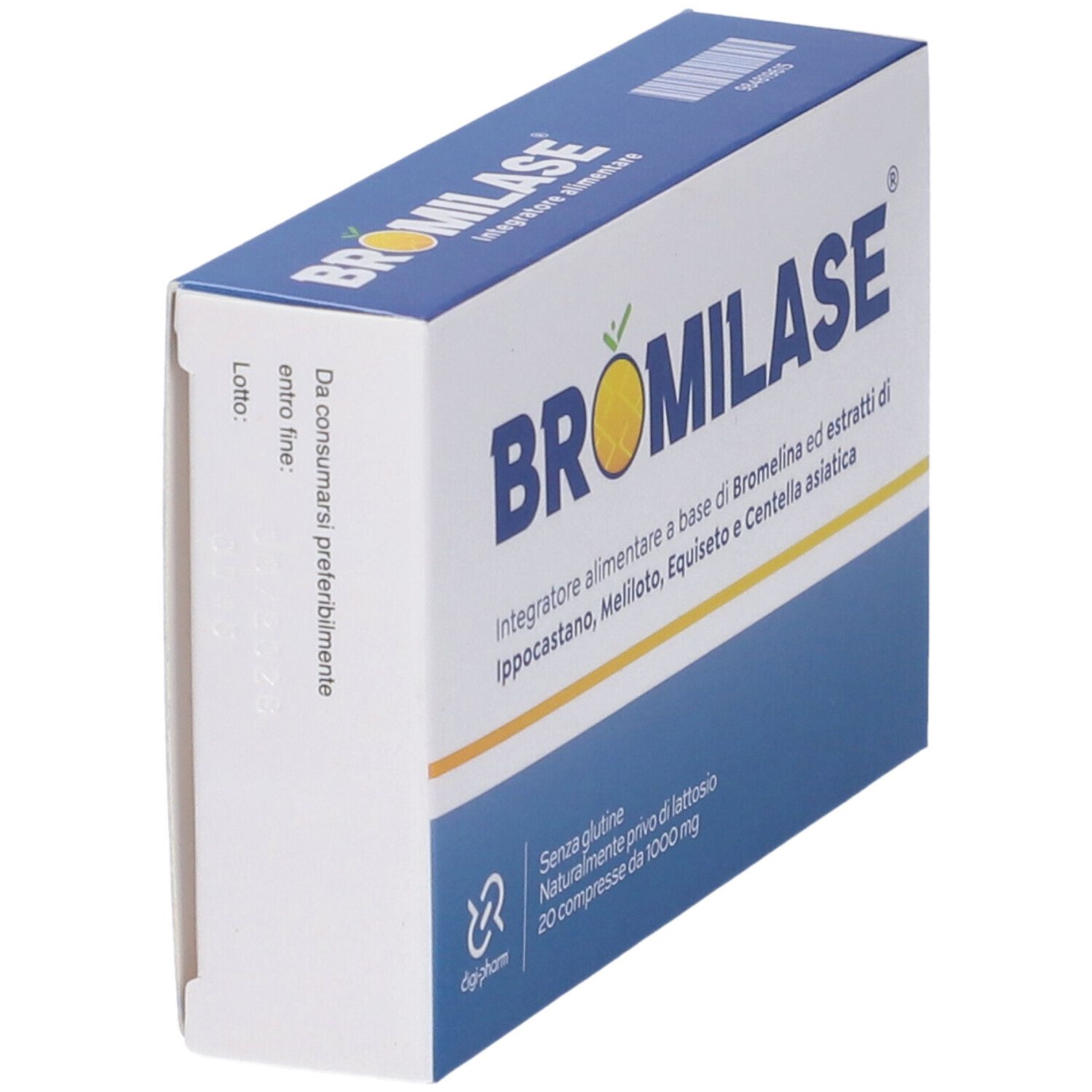 Scatola vista di lato. Confezione blu e bianca con nome del prodotto. Stampa con ingredienti.