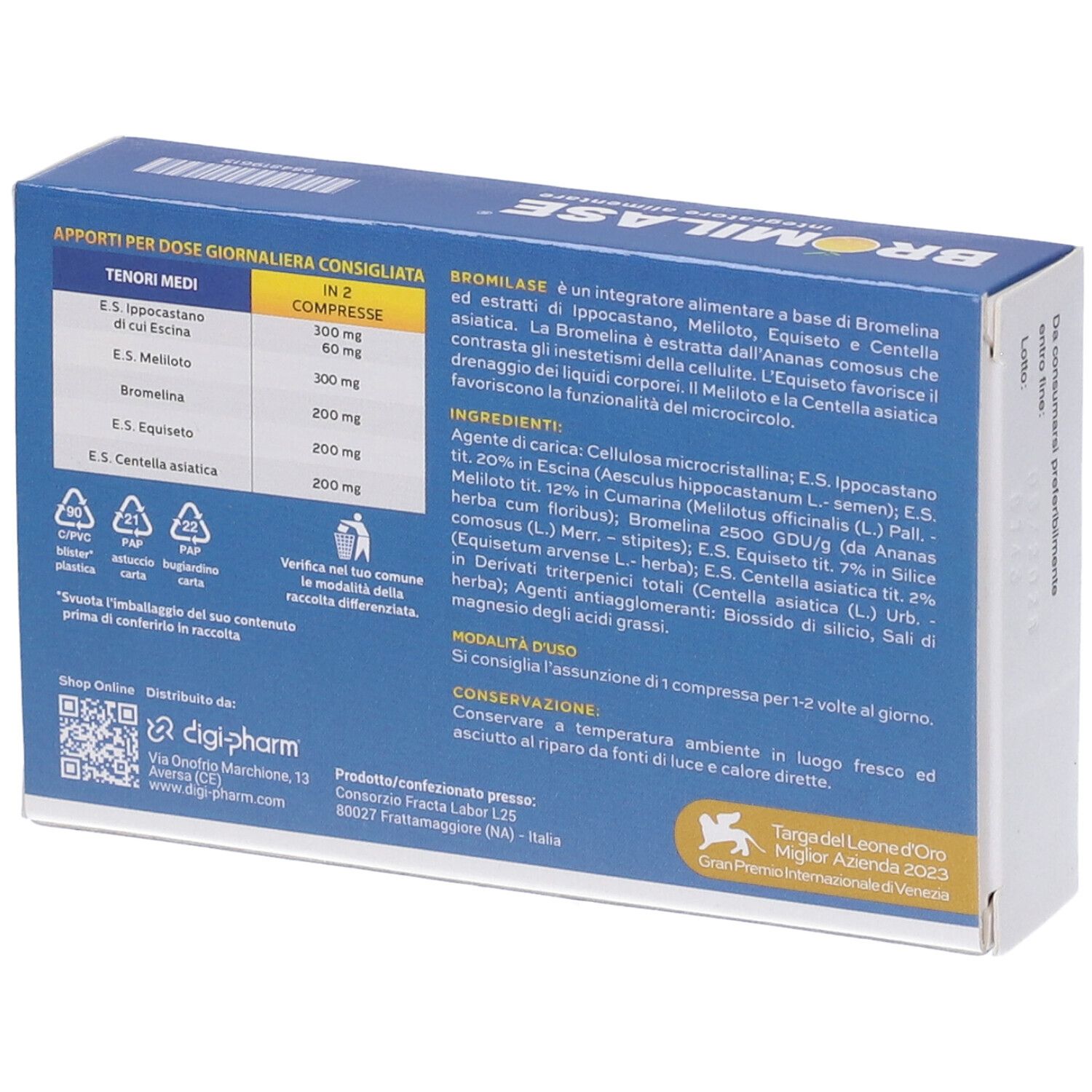 Retro della scatola con ingredienti e tabella nutrizionale. Testo in italiano. Simboli di riciclo.