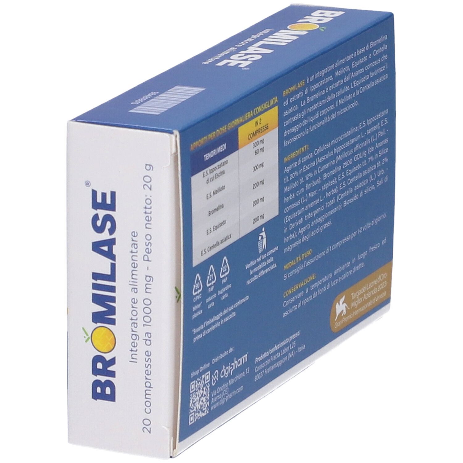 Scatola vista di lato. Confezione blu e bianca con nome e ingredienti. 20 compresse.