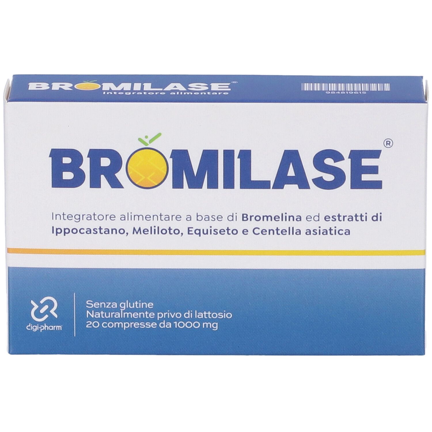 Scatola con stampa del prodotto. Confezione blu e bianca con nome e ingredienti. 20 compresse.