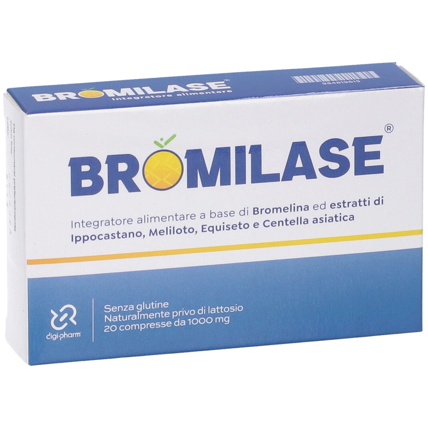 Scatola con stampa del prodotto. Confezione blu e bianca con nome e ingredienti. 20 compresse.