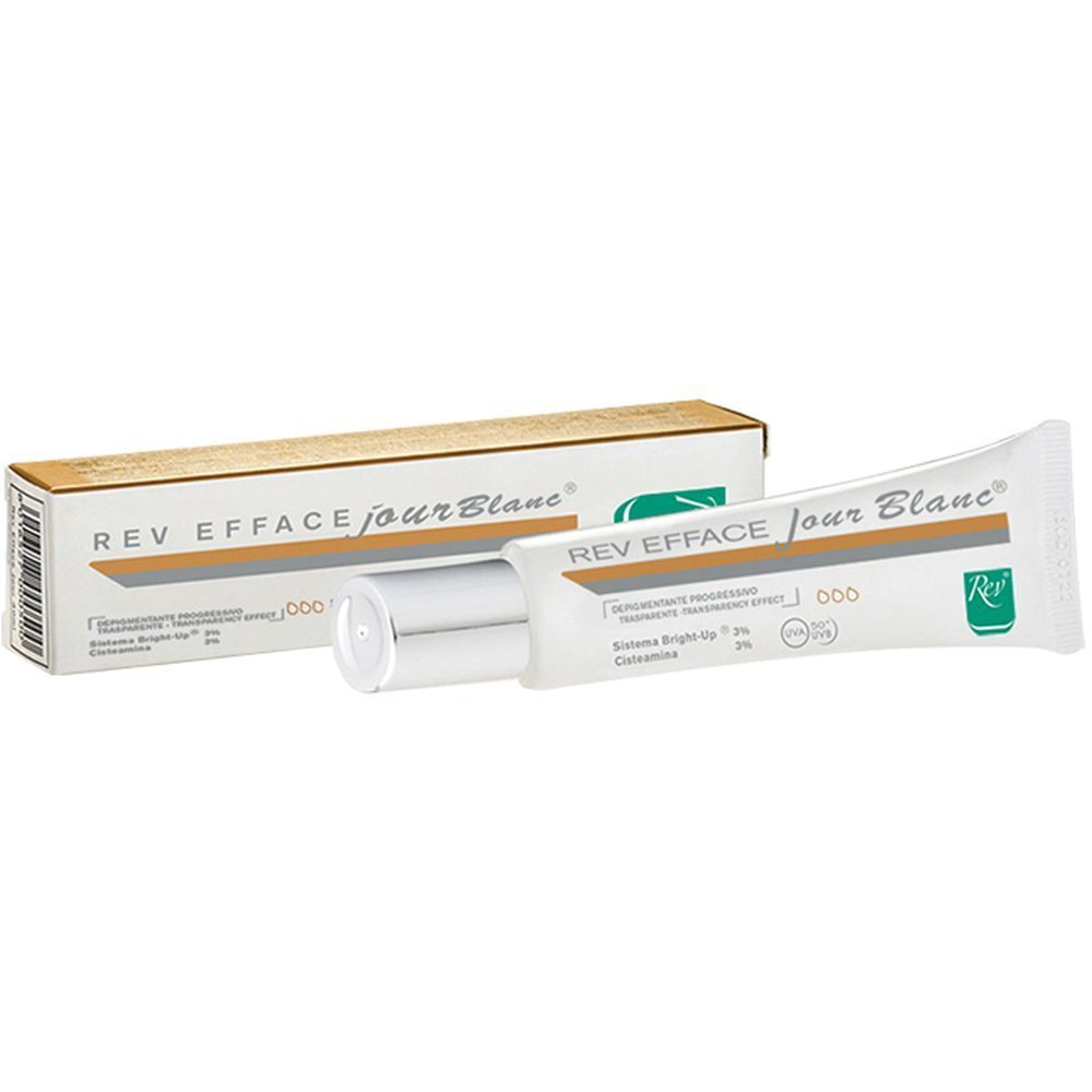 Tubo e scatola. Scritta: REV EFFACE jour Blanc. Tubo argentato, scatola bianca con coperchio giallo.