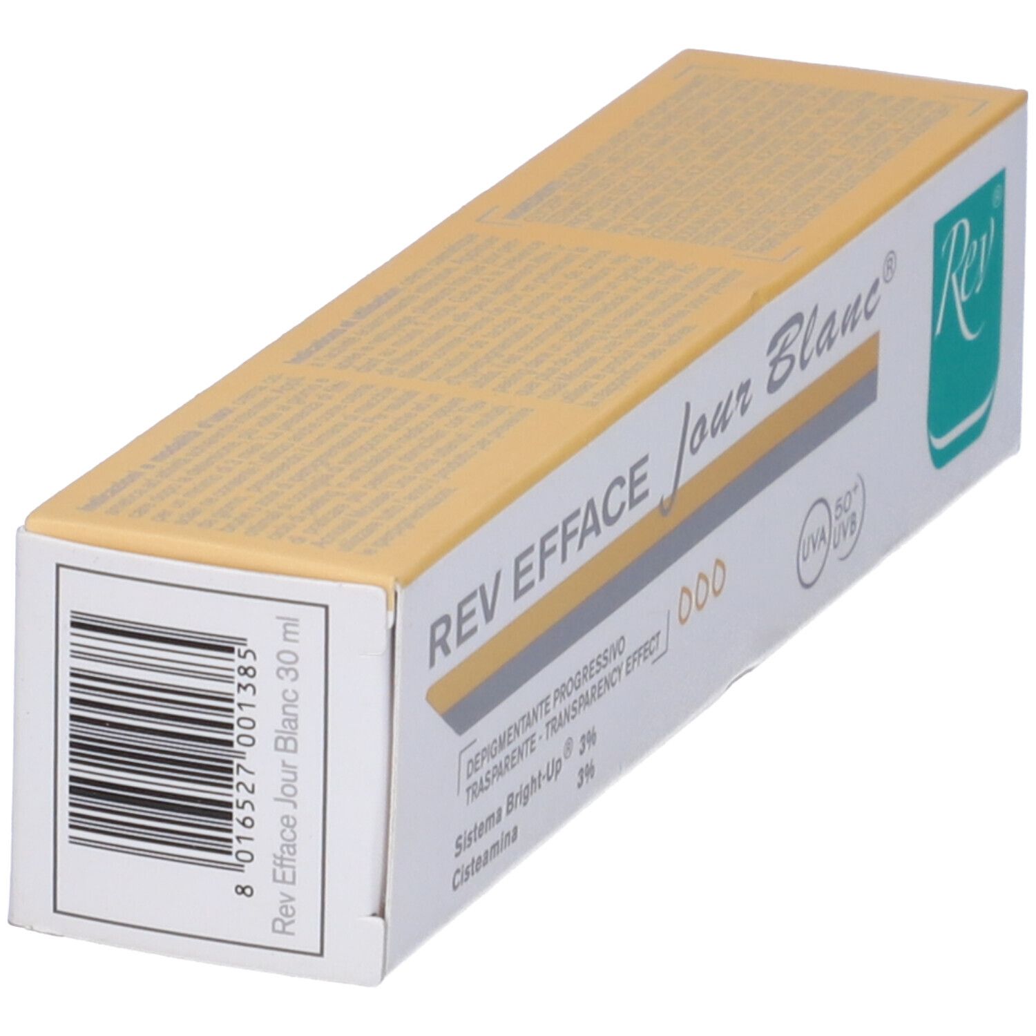 Scatola con coperchio giallo. Scritta: REV EFFACE jour Blanc. Testo: Depigmentante progressivo, 30 ml. Codice a barre.