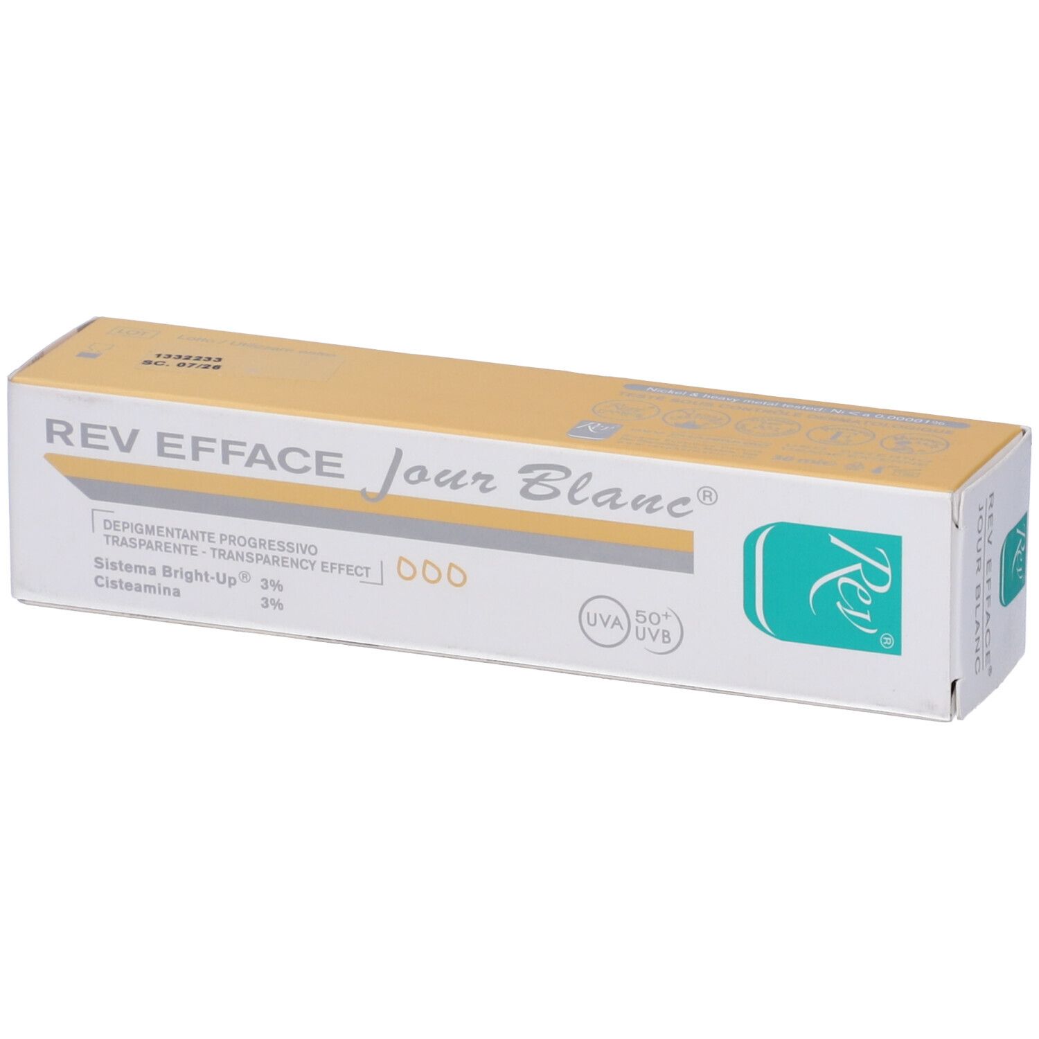 Scatola con coperchio giallo. Scritta: REV EFFACE jour Blanc. Testo: Depigmentante progressivo, UVA 50+ UVB.