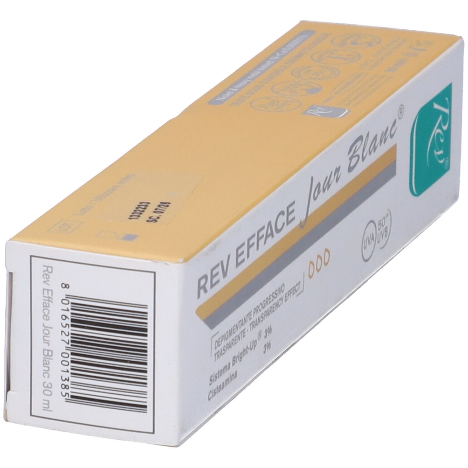 Scatola con coperchio giallo. Scritta: REV EFFACE jour Blanc. Testo: Depigmentante progressivo, 30 ml. Codice a barre.