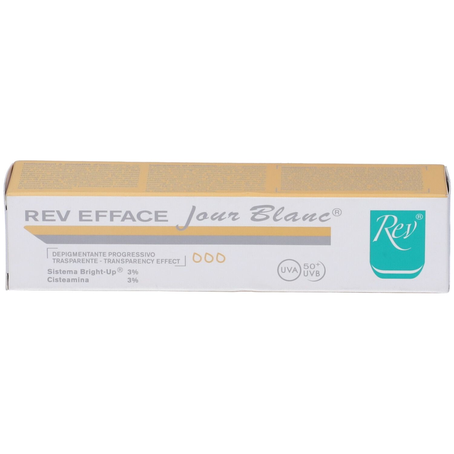 Scatola con coperchio giallo. Scritta: REV EFFACE jour Blanc. Testo: Depigmentante progressivo, UVA 50+ UVB.