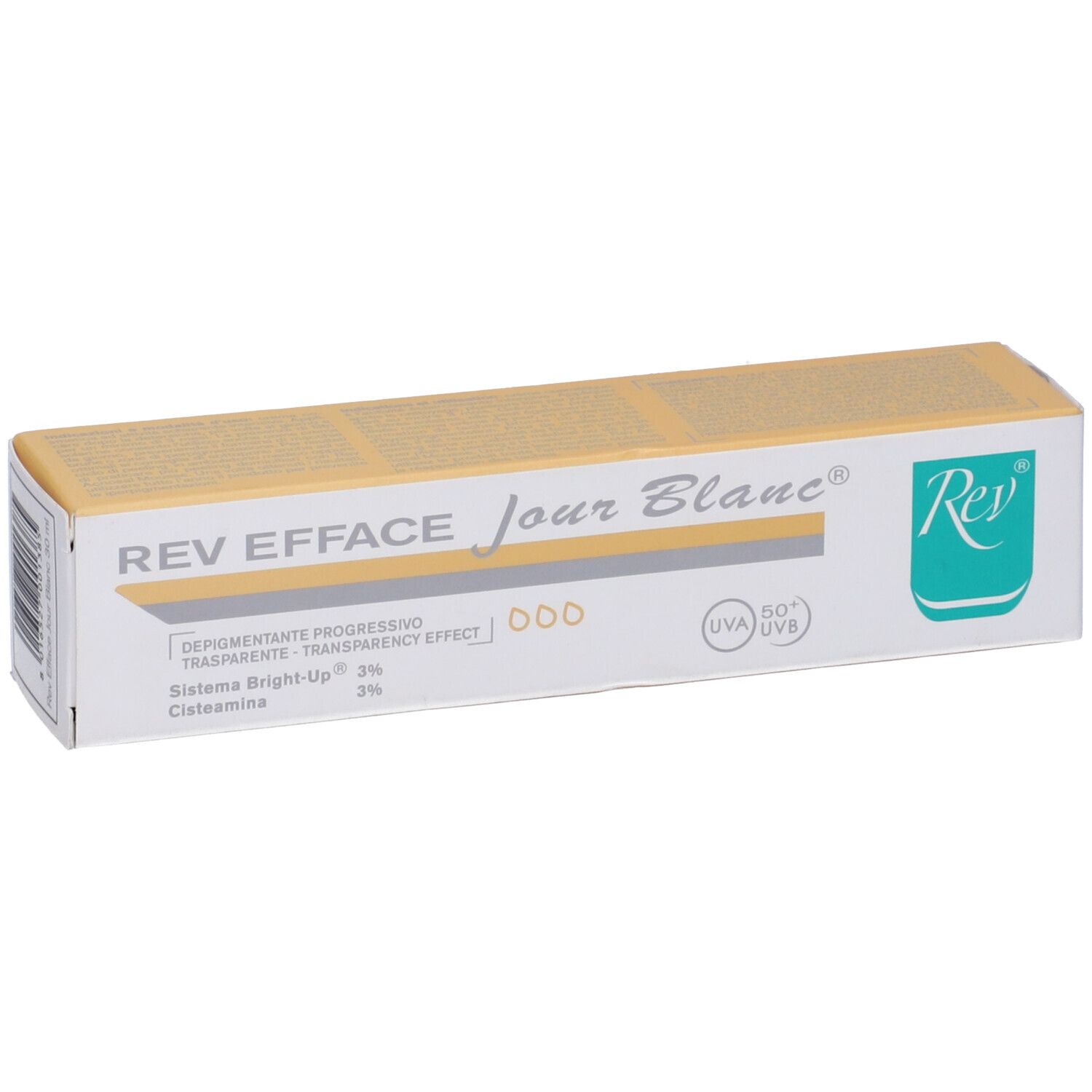 Scatola con coperchio giallo. Scritta: REV EFFACE jour Blanc. Testo: Depigmentante progressivo, UVA 50+ UVB.