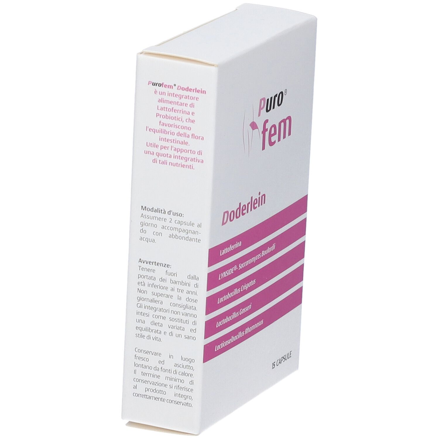 Scatola bianca, angolata. Scritto: Puro fem Doderlein, ingredienti. Testo in italiano.