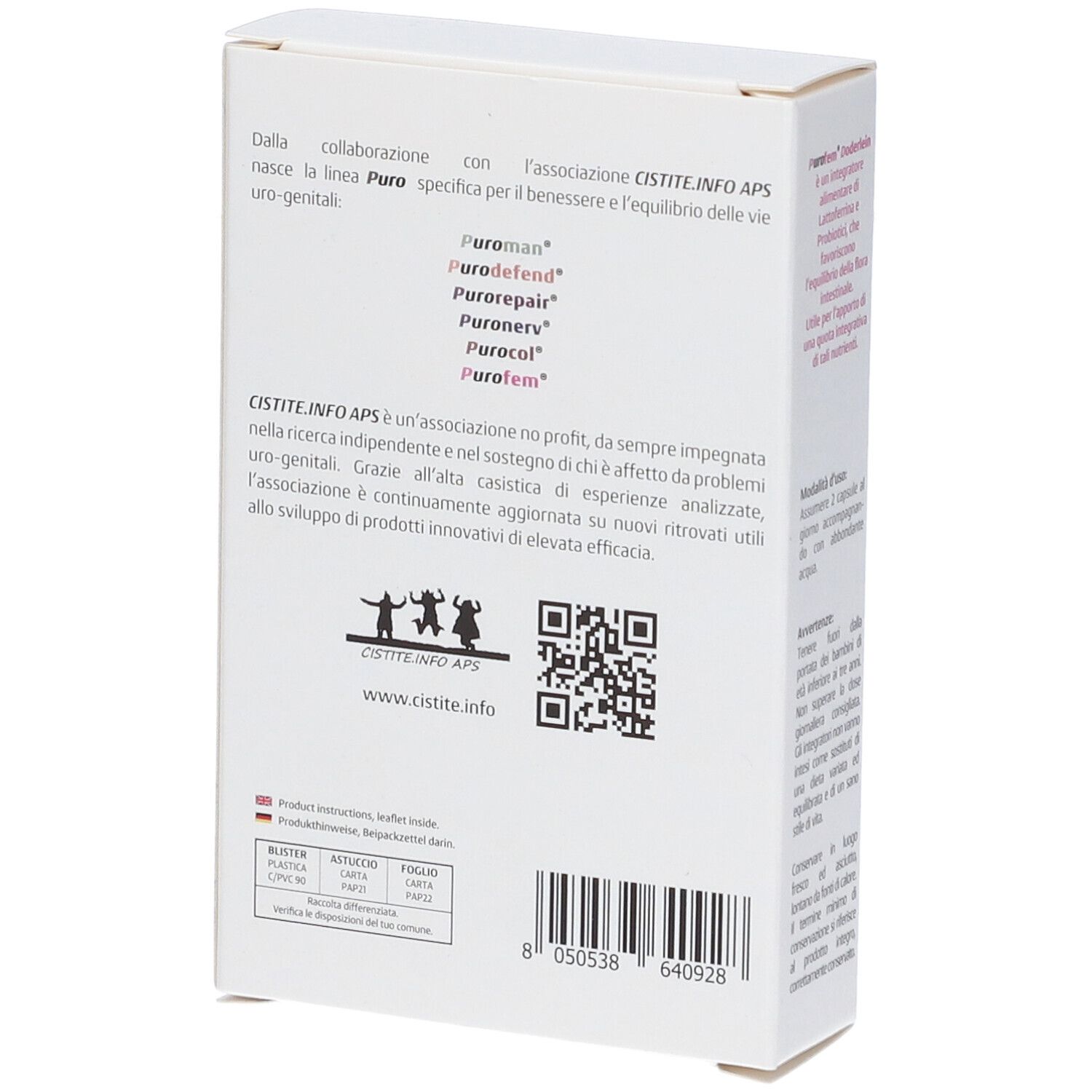 Retro della scatola bianca. Testo in italiano. Codice QR e logo.