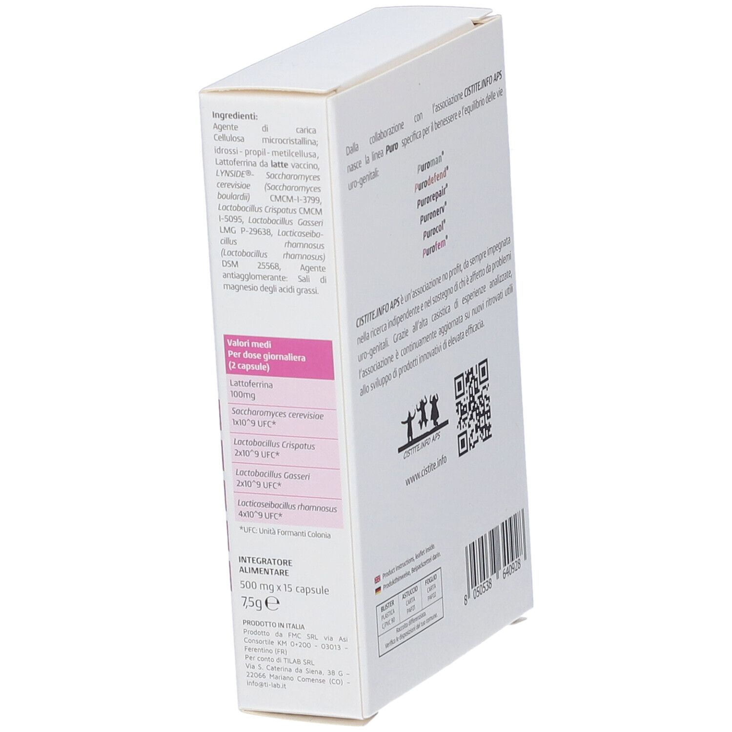 Scatola bianca, angolata. Scritto: Puro fem Doderlein, ingredienti. Testo in italiano.