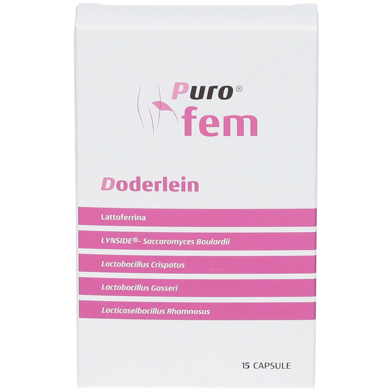 Scatola bianca con testo rosa. Scritto: Puro fem Doderlein, ingredienti. 15 capsule.