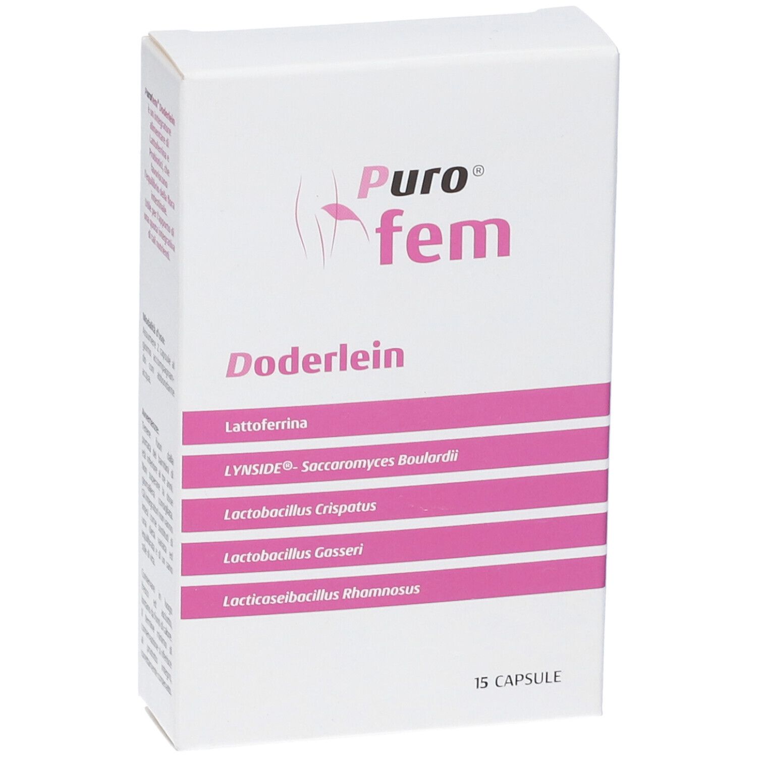 Scatola bianca con testo rosa. Scritto: Puro fem Doderlein, ingredienti. 15 capsule.
