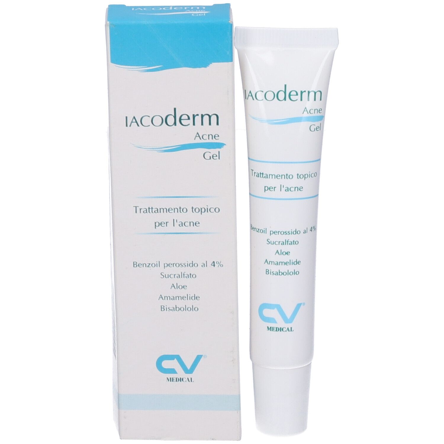 Tubo e confezione Iacoderm Acne Gel. Confezione blu e bianca. Nome del prodotto e testo visibili.
