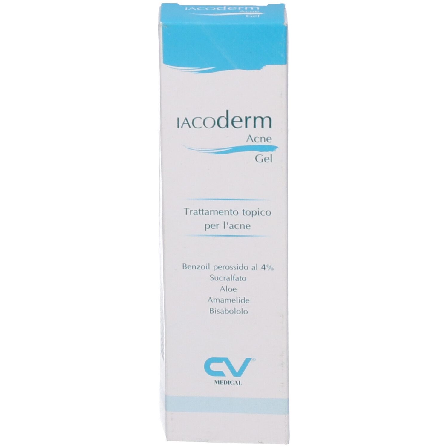 Confezione di Iacoderm Acne Gel. Confezione blu e bianca. Nome del prodotto e testo visibili.