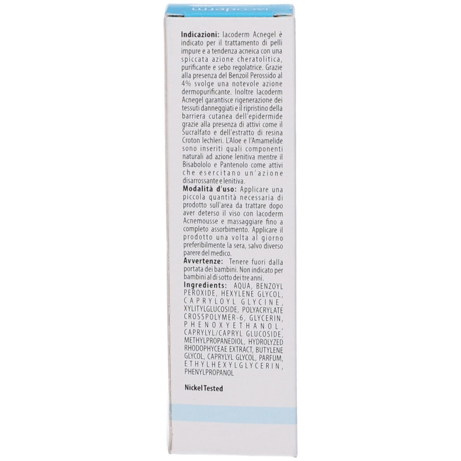 Retro della confezione Iacoderm Acne Gel. Testo e ingredienti visibili.
