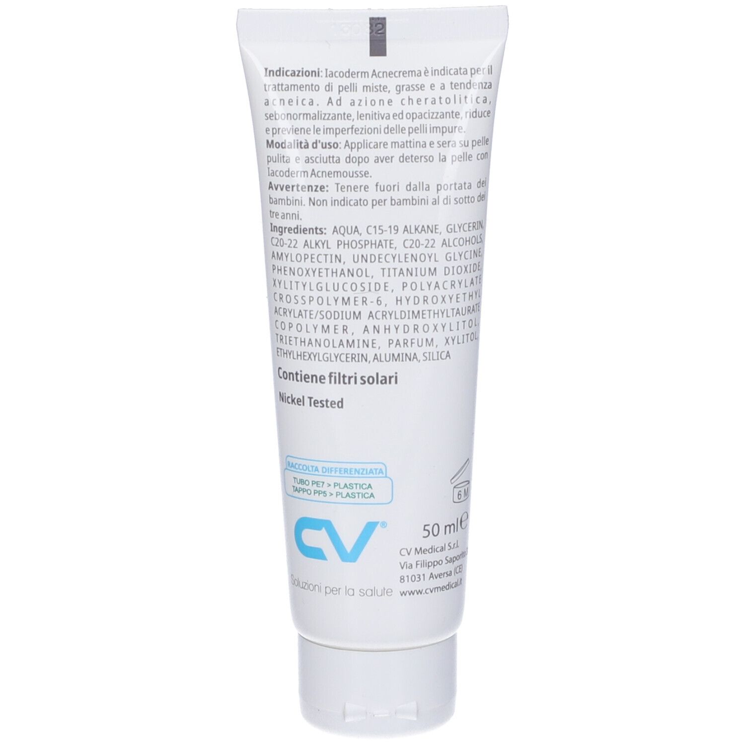 Retro del tubo crema. Testo in italiano. Contiene filtri solari. Nickel Tested.