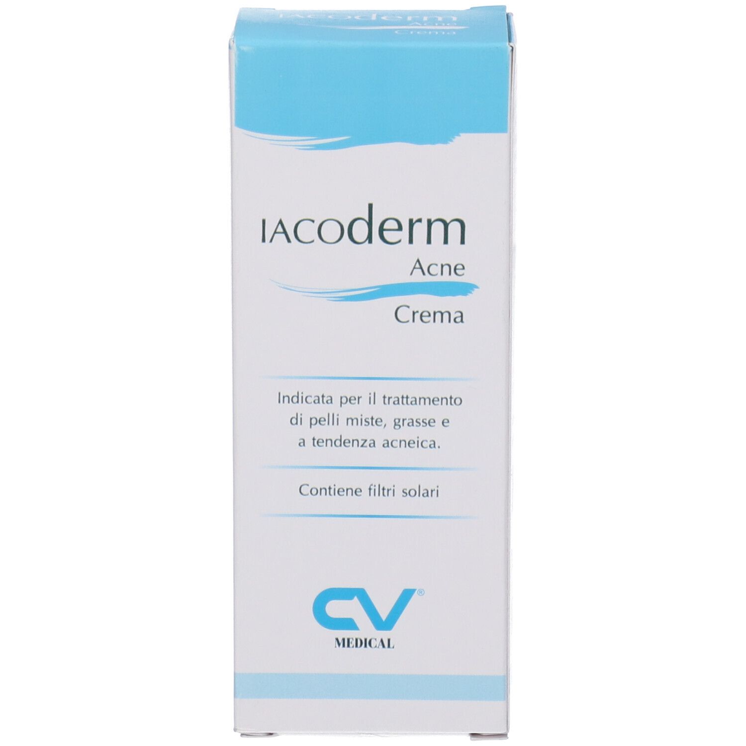 Confezione del prodotto. Bianco con accento blu. Nome prodotto e logo. Testo italiano.