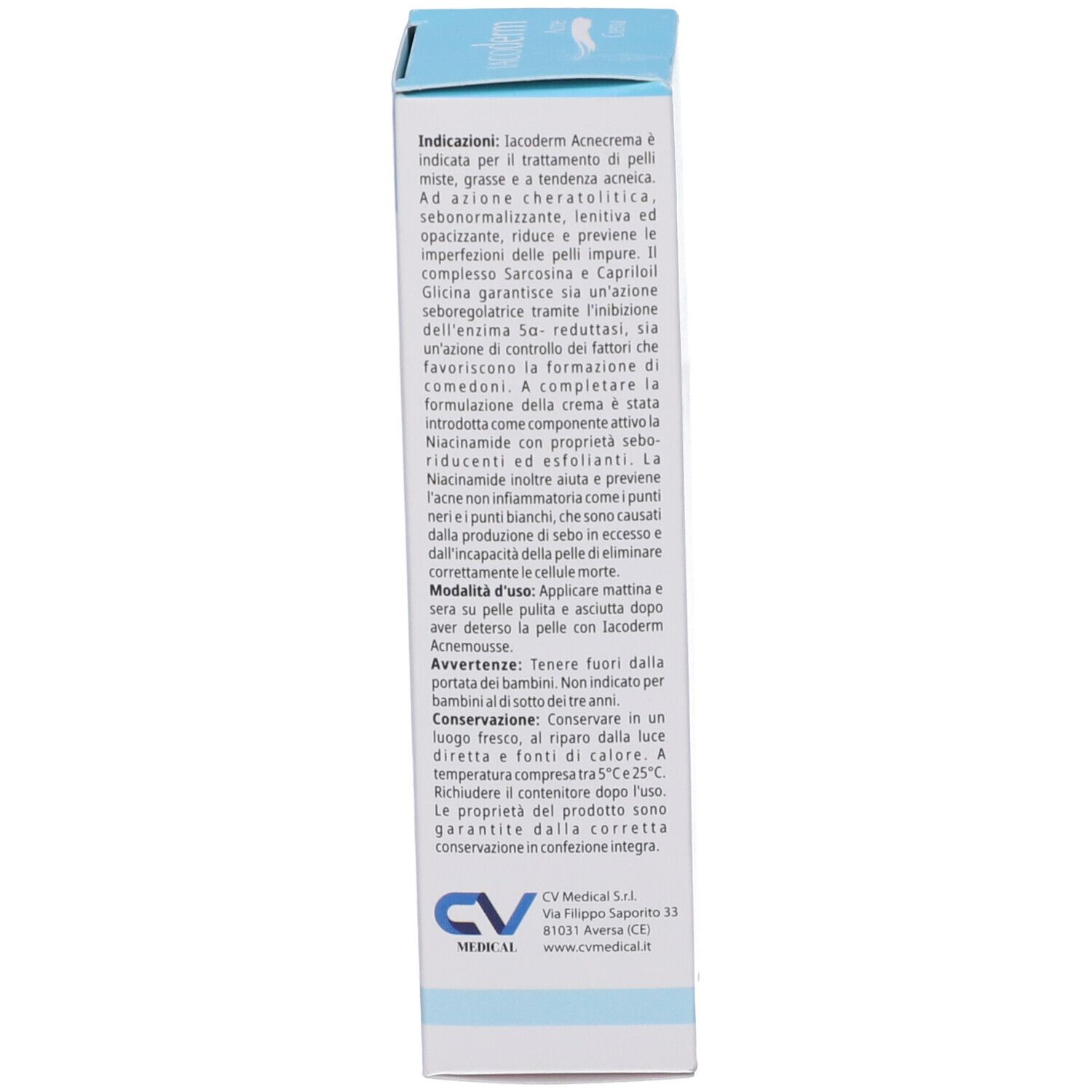 Confezione del prodotto. Testo in italiano. Logo CV Medical. Contiene filtri solari.