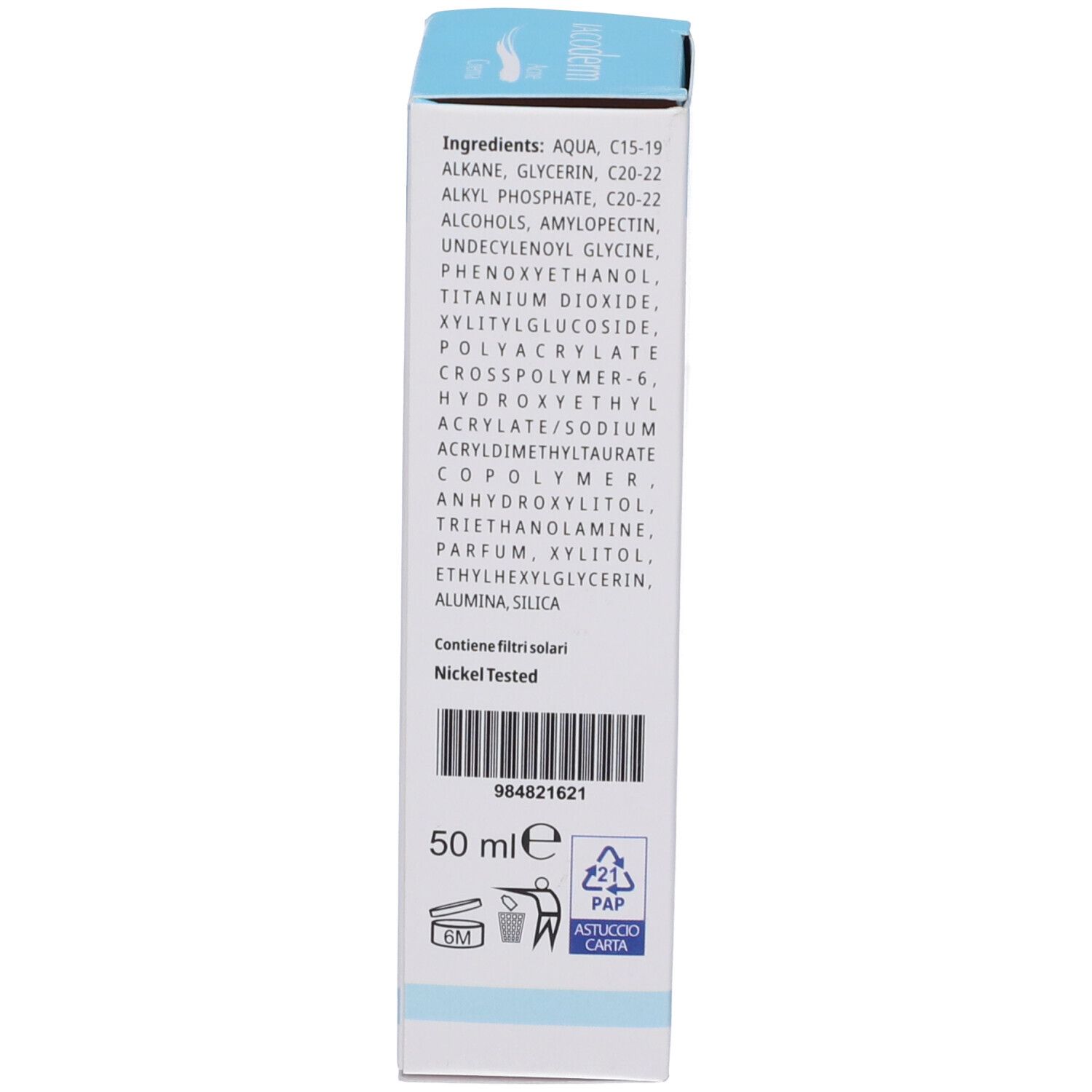 Confezione del prodotto. Ingredienti, testo italiano. 50 ml. Nickel Tested.