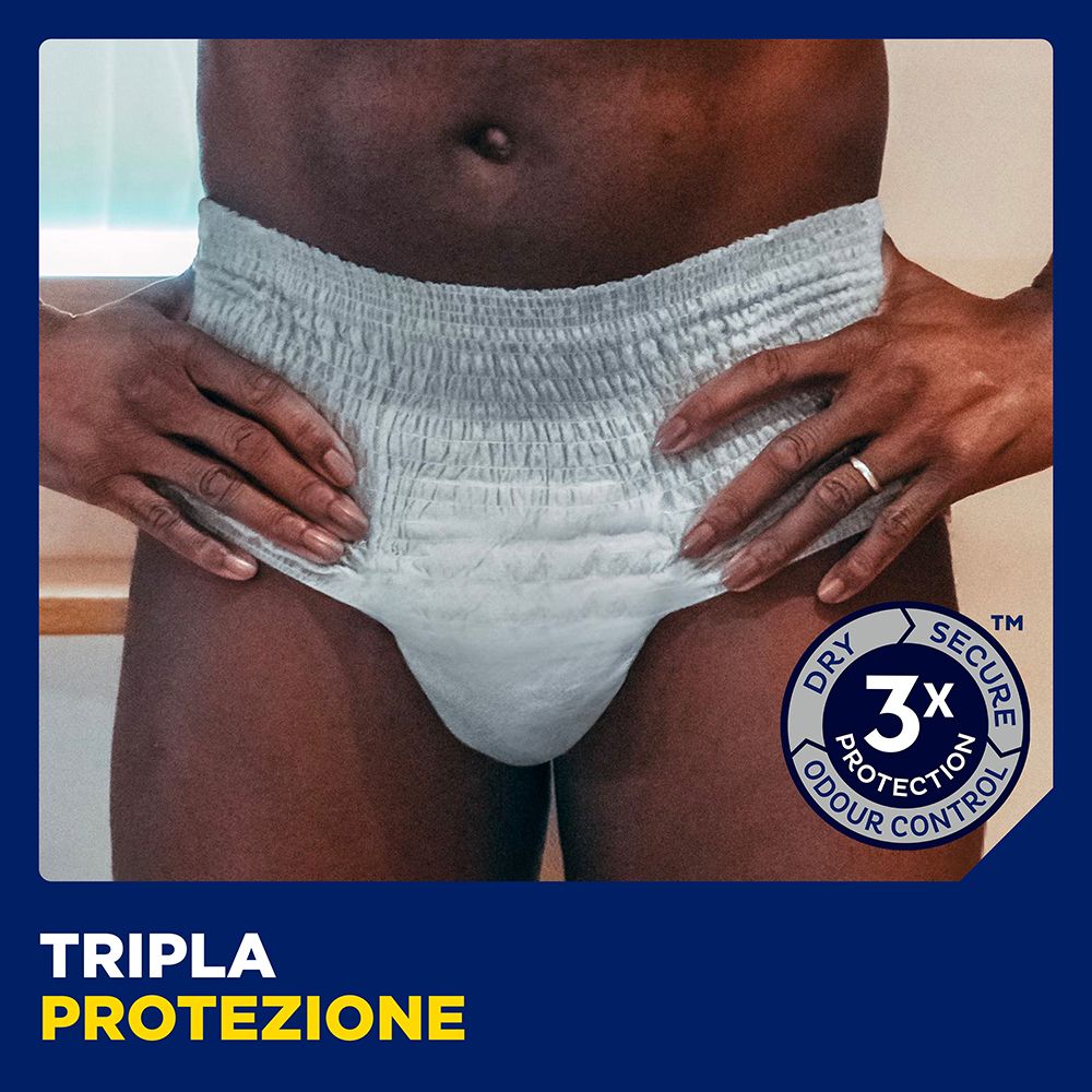 Pantaloni TENA MEN grigi. Logo 3x Protection. Testo: Tripla protezione.