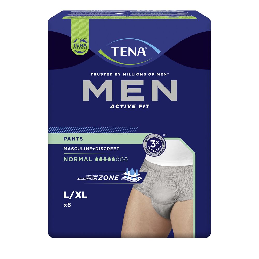 Confezione di TENA MEN Active Fit Pants L/XL. Confezione blu con immagine del prodotto. Visibile: logo, nome del prodotto, assorbenza.