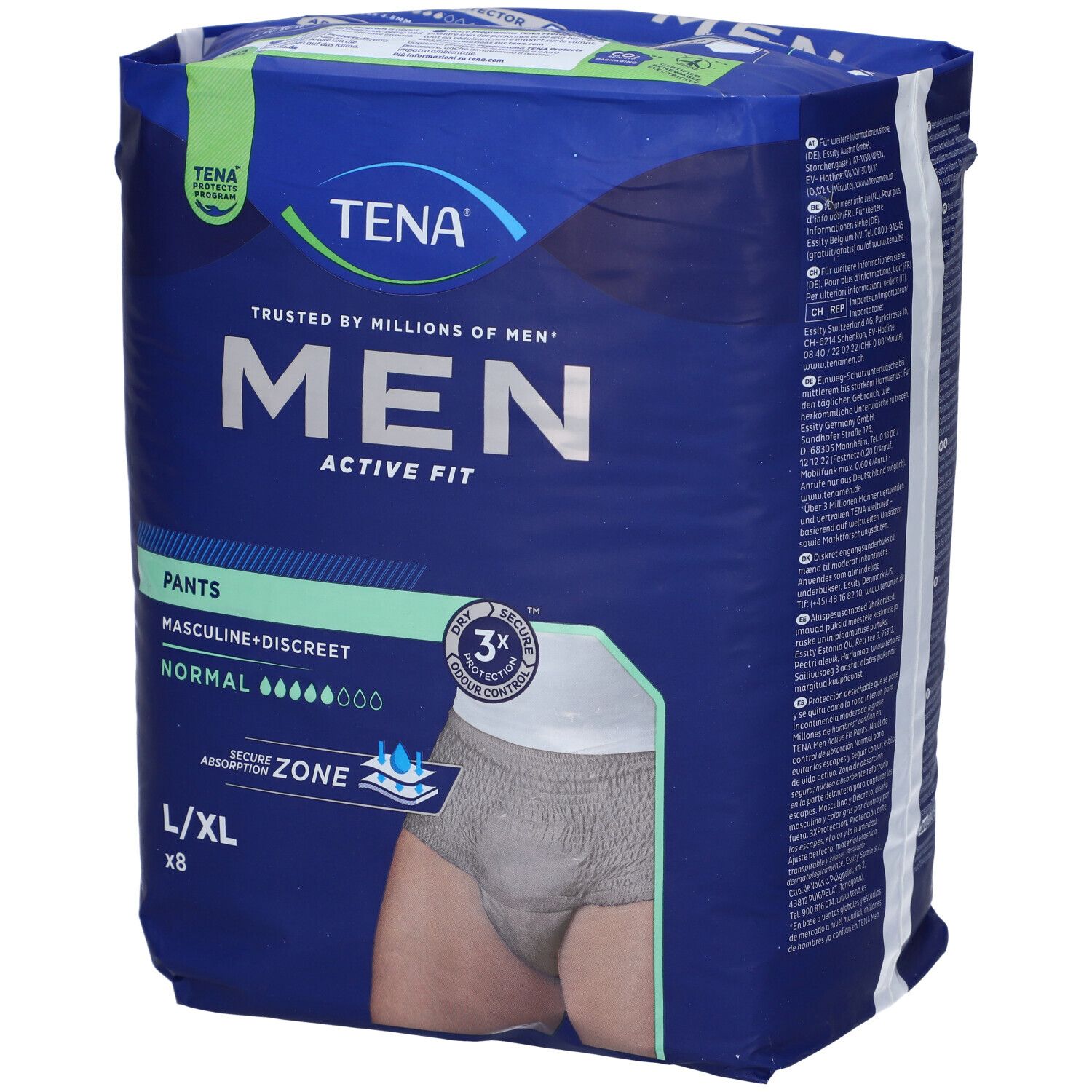 Confezione di TENA MEN Active Fit Pants L/XL. Confezione blu, vista laterale. Logo, nome del prodotto, assorbenza e immagine visibili.