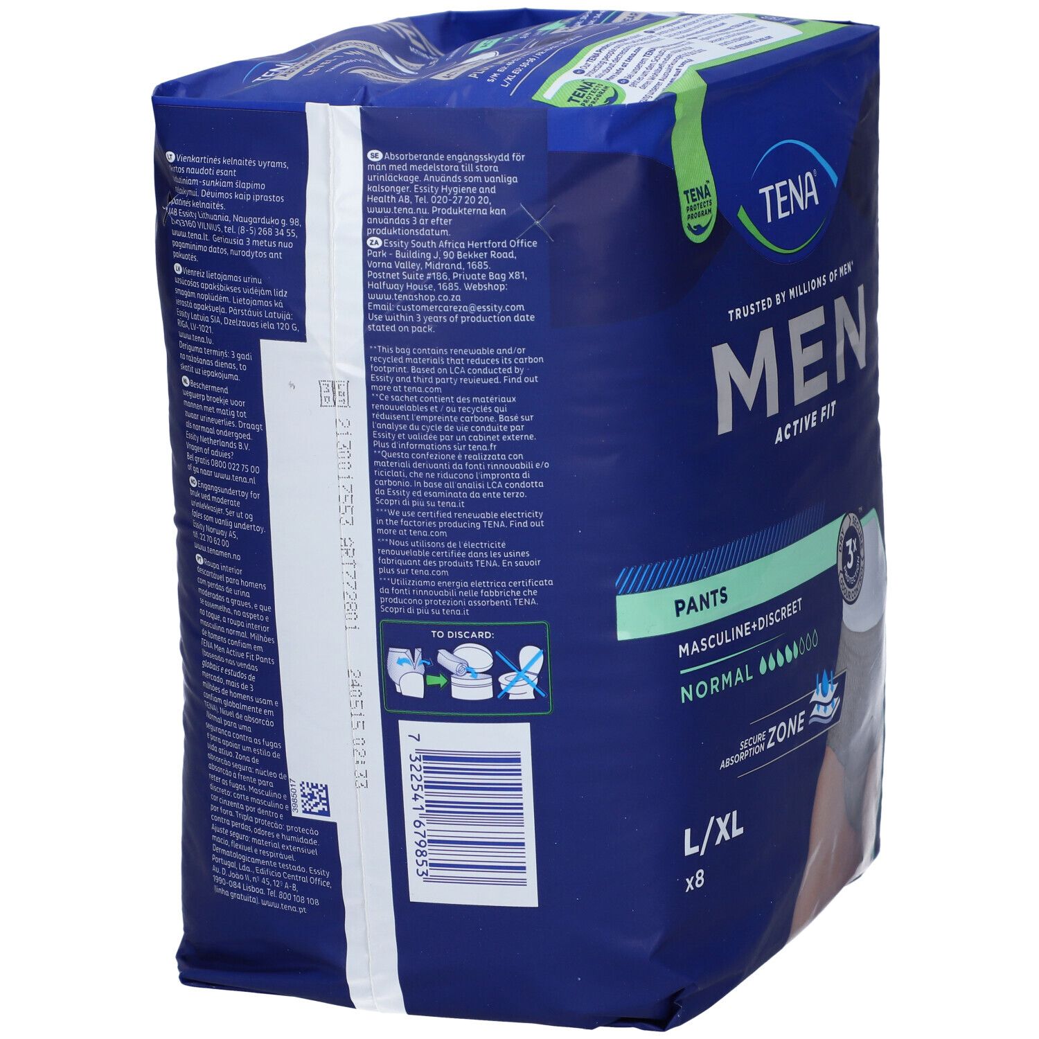 Confezione di TENA MEN Active Fit Pants L/XL. Retro della confezione blu. Testo, codice a barre, istruzioni per lo smaltimento e logo visibili.