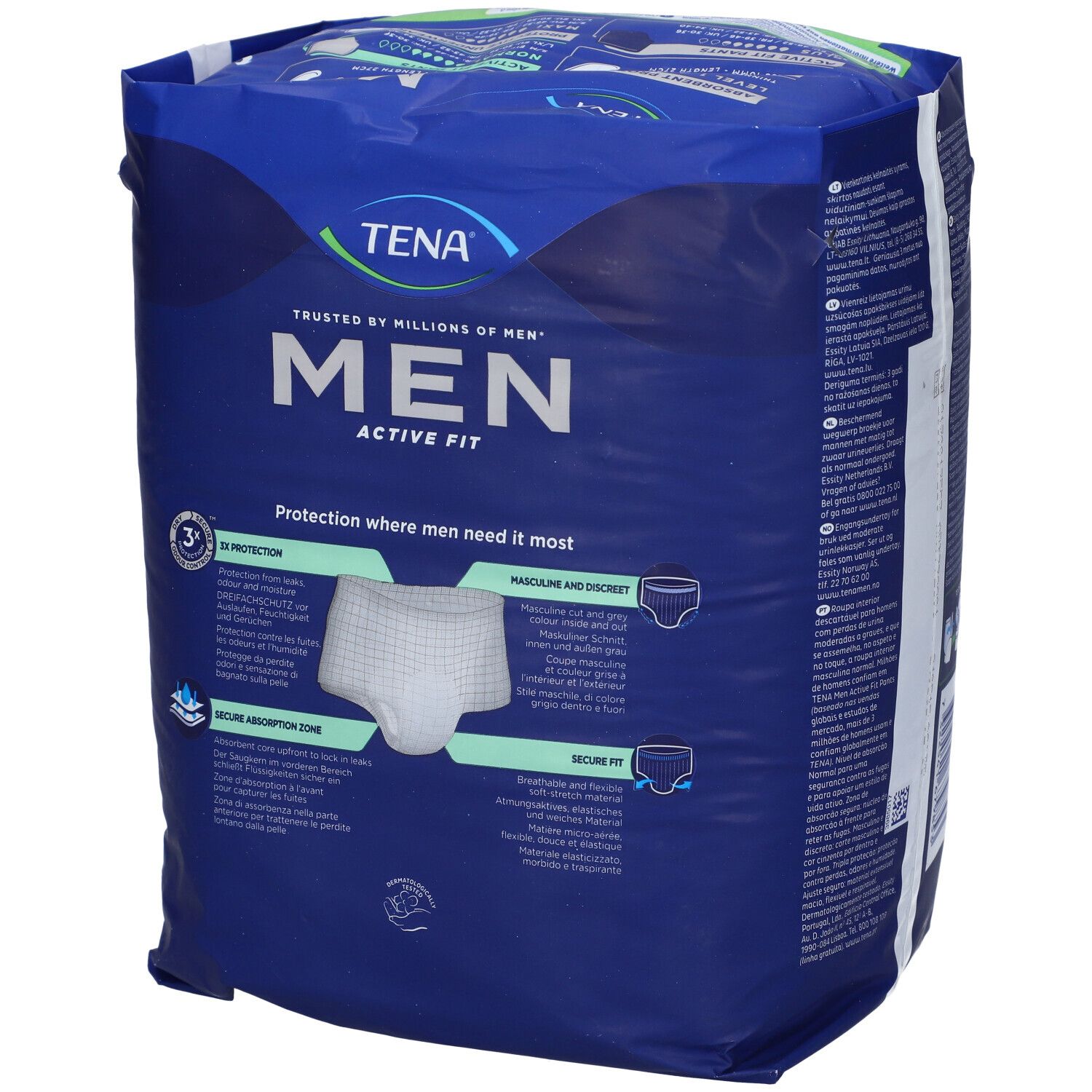 Confezione di TENA MEN Active Fit Pants L/XL. Confezione blu, vista posteriore. Informazioni sul prodotto, logo e immagine visibili.
