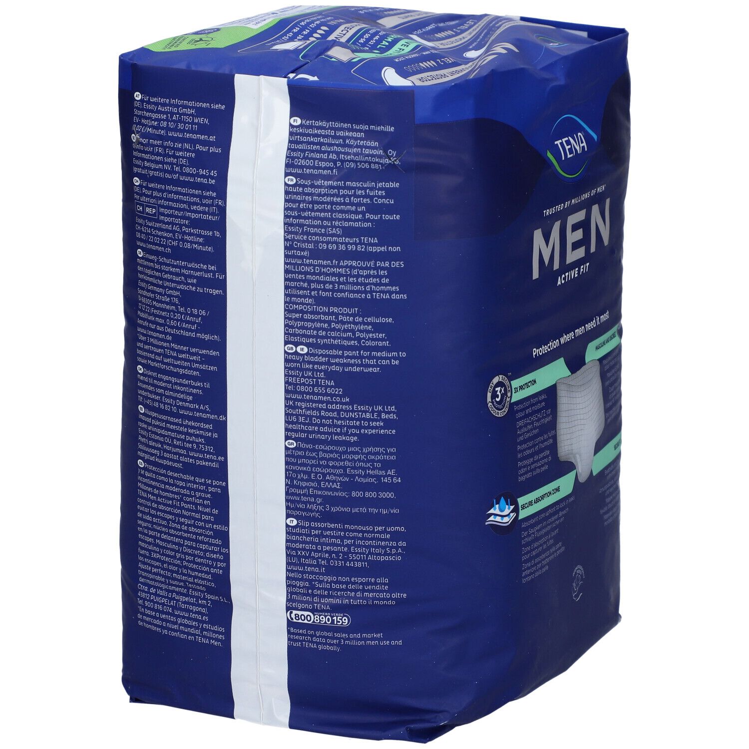 Confezione di TENA MEN Active Fit Pants L/XL. Retro della confezione blu. Testo, logo, informazioni sul prodotto e codice a barre visibili.