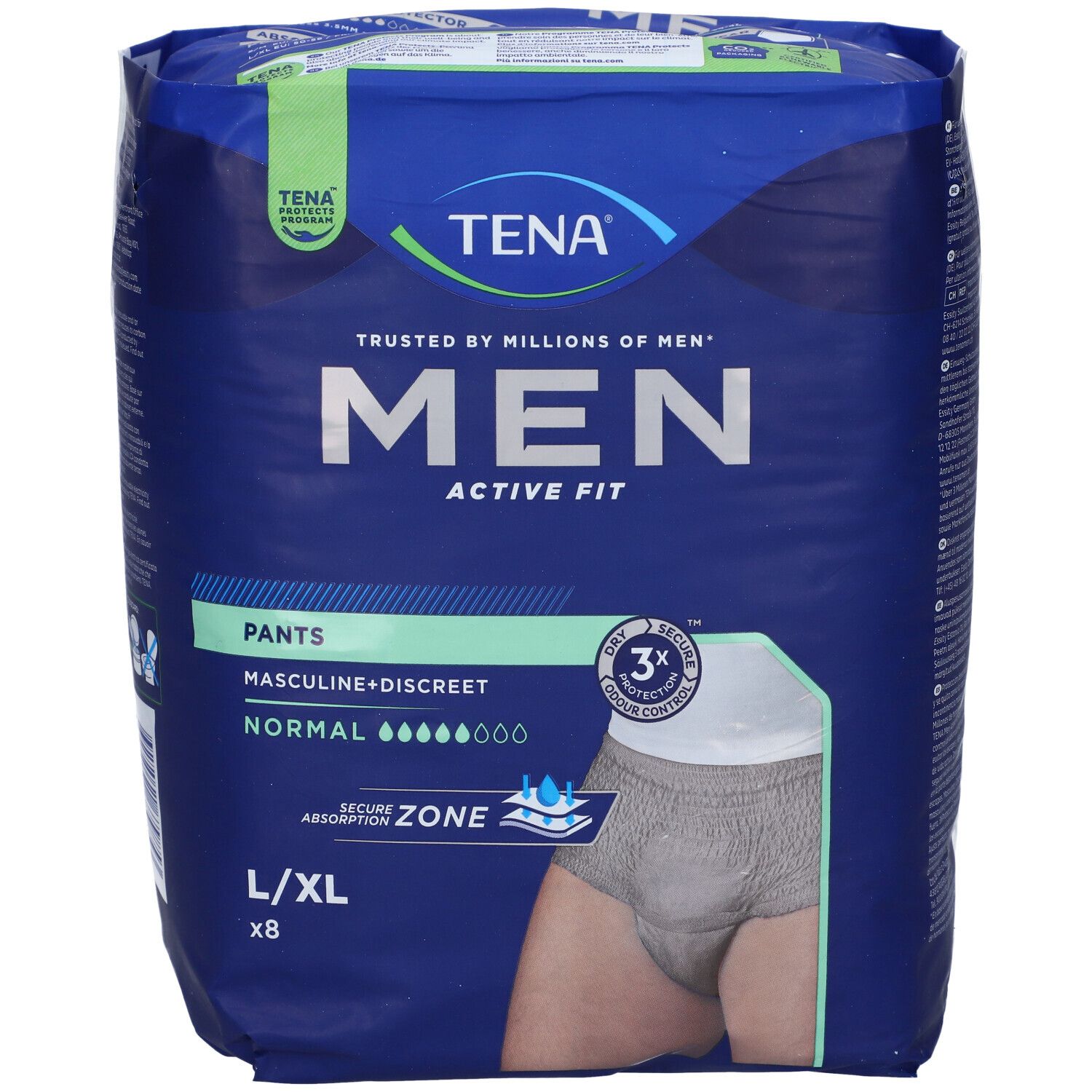 Confezione di TENA MEN Active Fit Pants L/XL. Confezione blu con immagine del prodotto. Logo, nome del prodotto, assorbenza e contenuto.