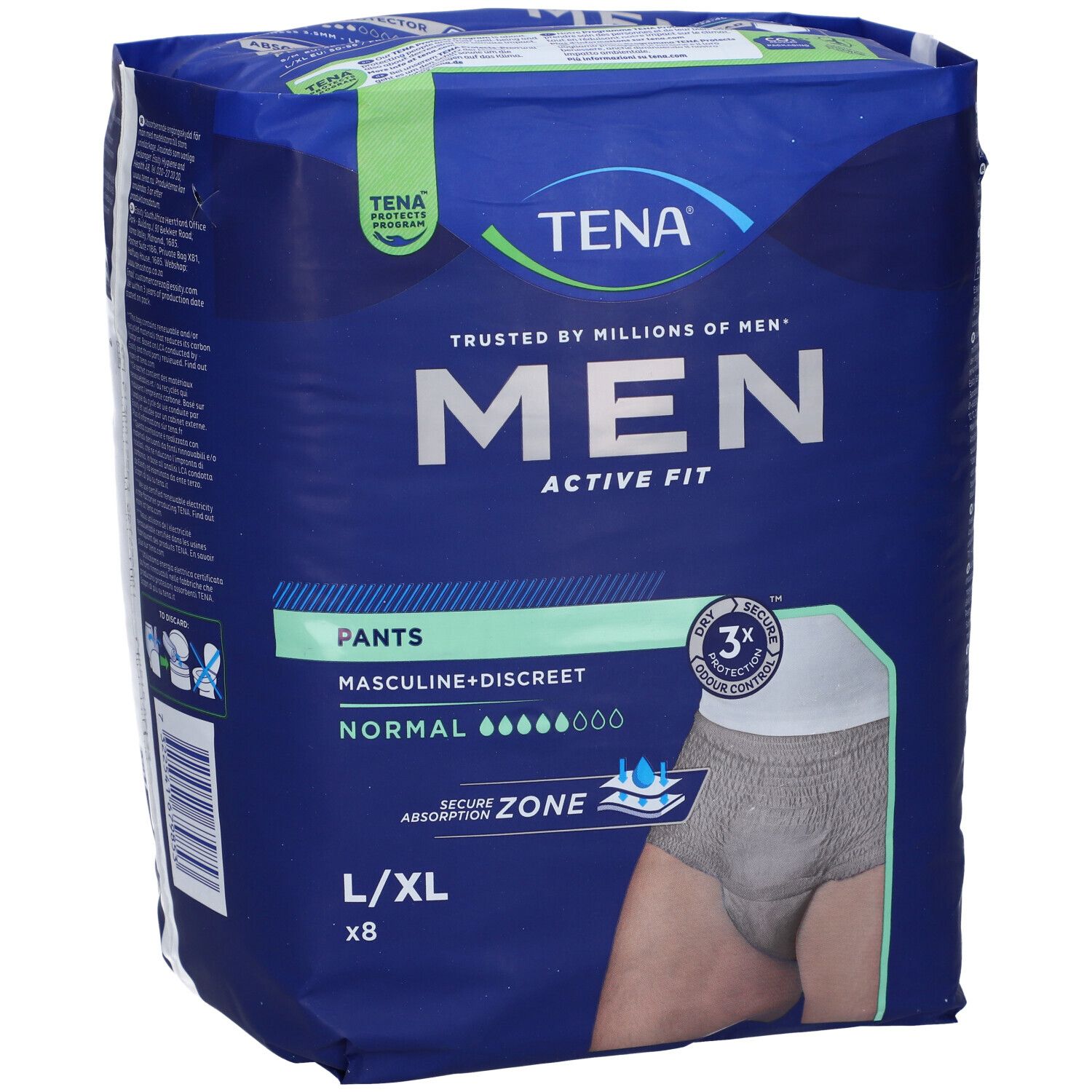 Confezione di TENA MEN Active Fit Pants L/XL. Confezione blu, vista laterale. Logo, nome del prodotto, assorbenza e immagine visibili.