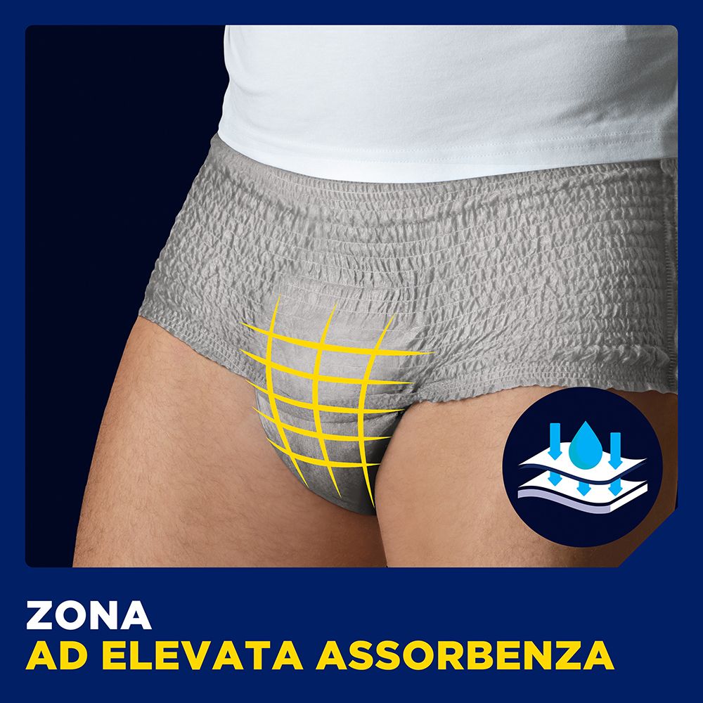 Pantaloni TENA MEN grigi. Segno giallo della zona di assorbimento. Sfondo blu.