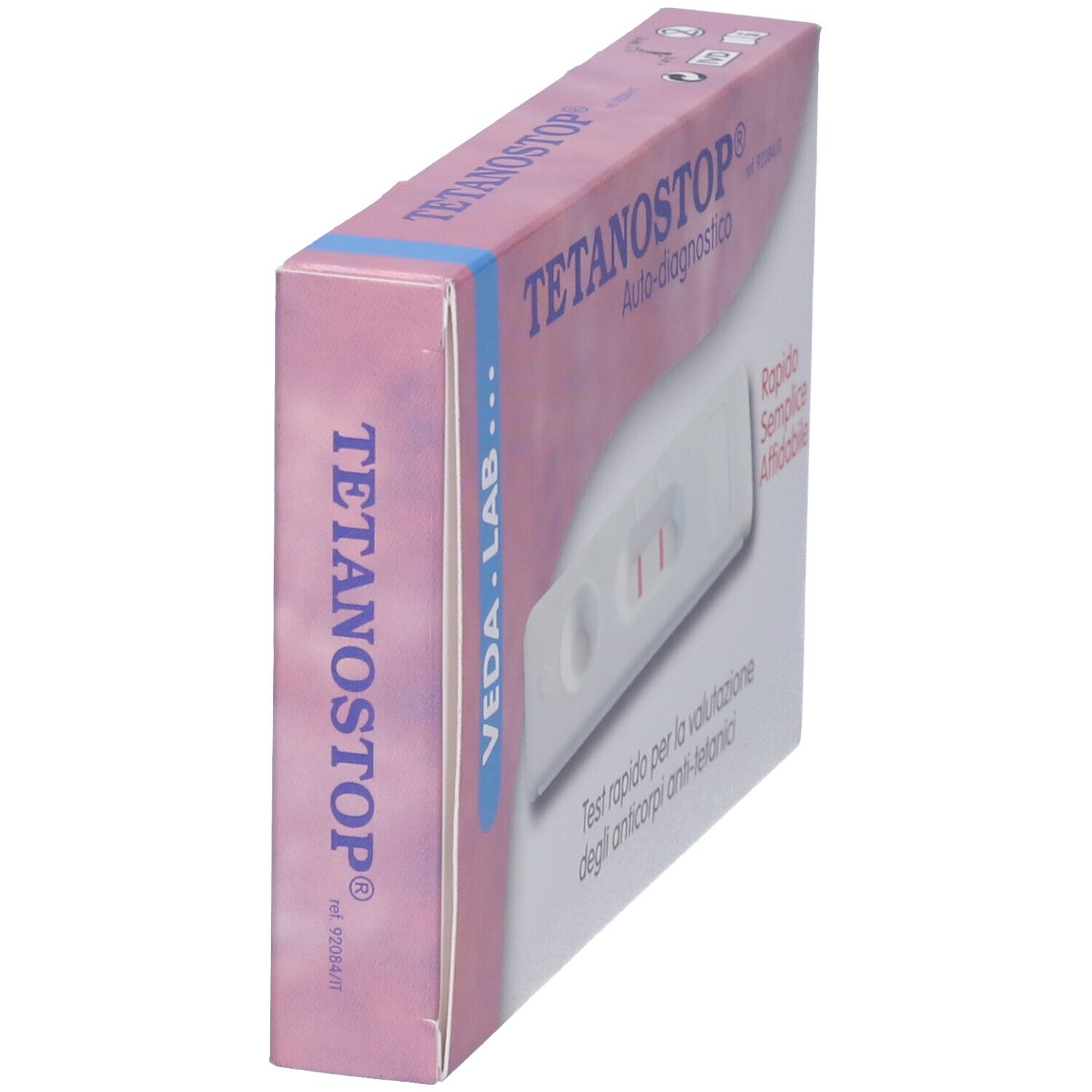 Vista obliqua della confezione Tetanostop. Scatola rosa e bianca. Logo Veda Lab.