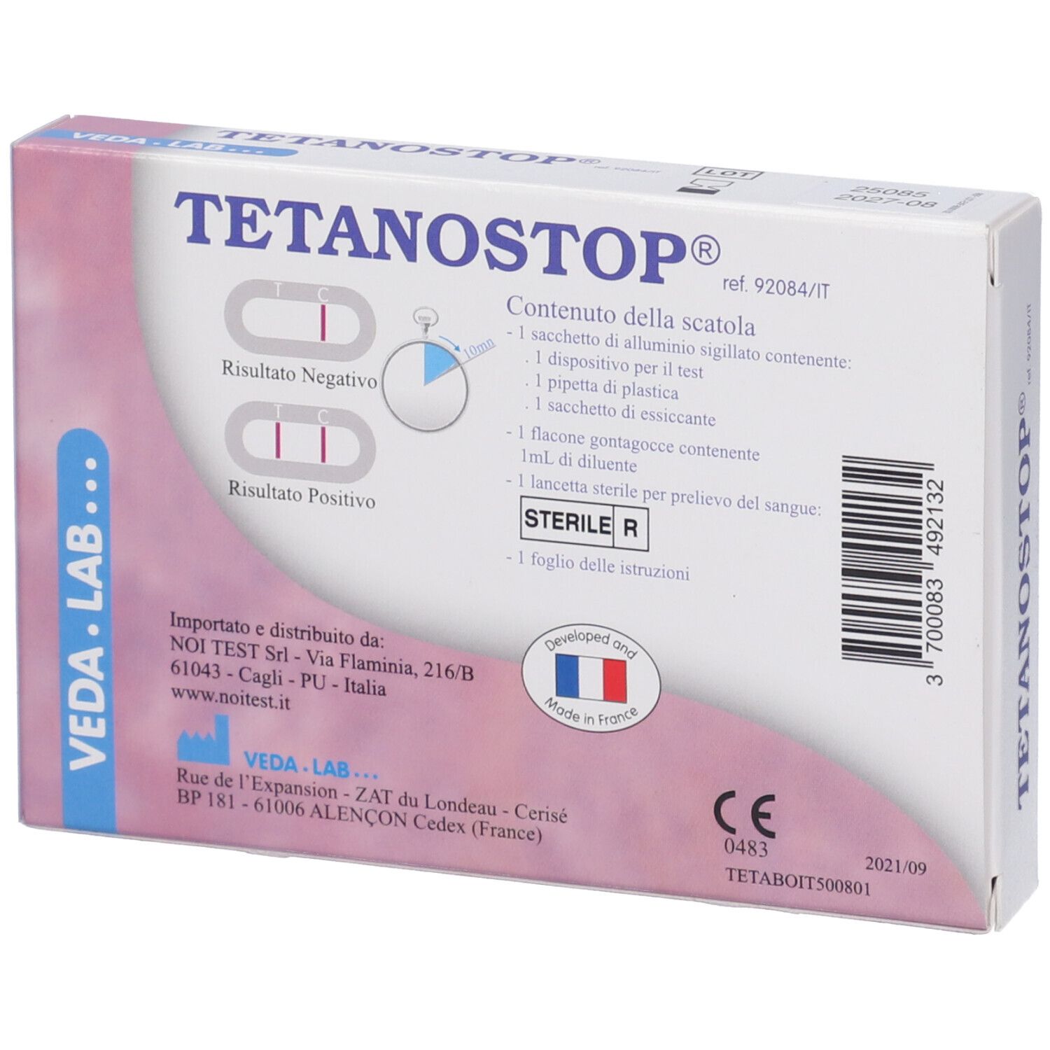Confezione con contenuto. Tetanostop. Marchio CE. Prodotto in Francia.