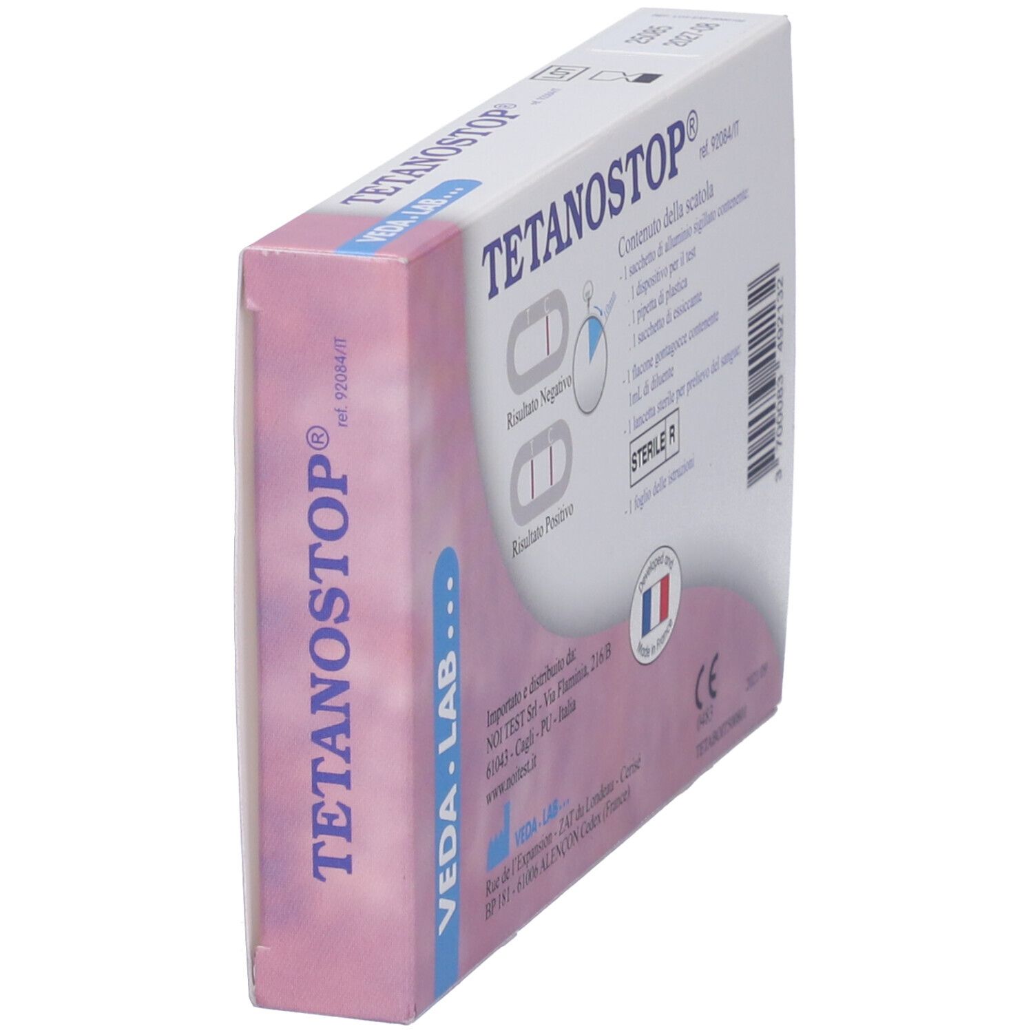 Vista obliqua della confezione. Tetanostop. Marchio CE. Prodotto in Francia.