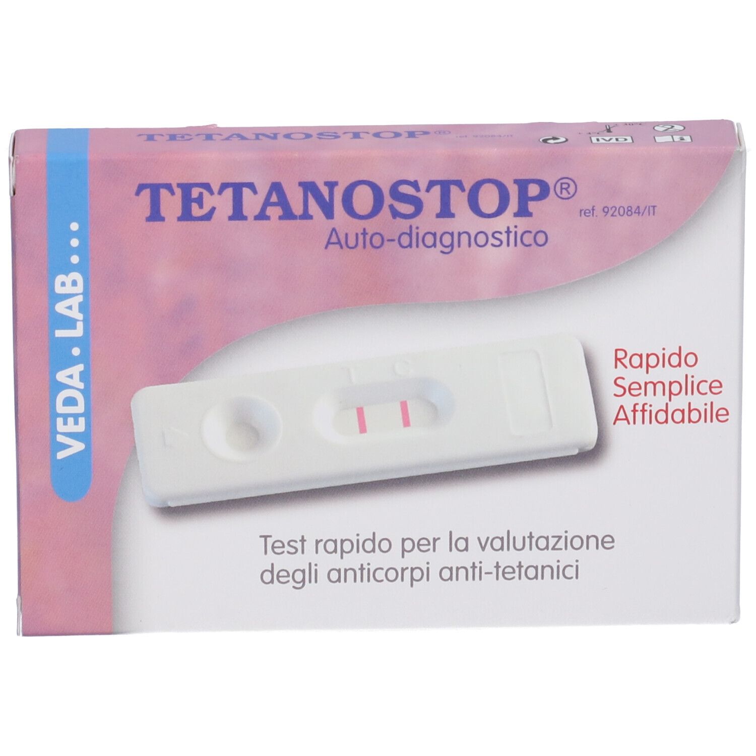 Confezione Tetanostop, autodiagnostico. Test con due linee rosa. Scritto: Rapido, Semplice, Affidabile.
