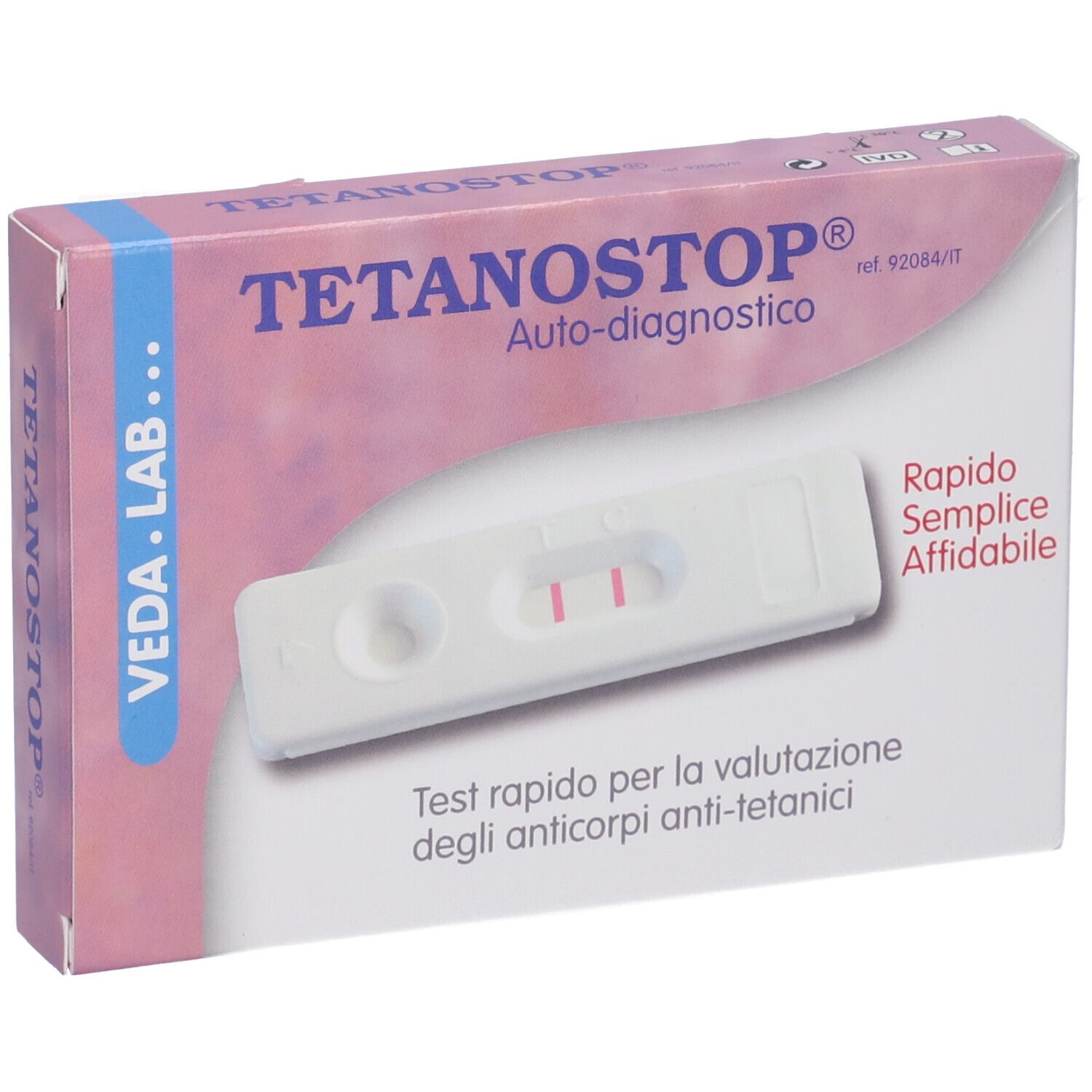 Confezione Tetanostop, autodiagnostico. Test con due linee rosa. Scritto: Rapido, Semplice, Affidabile.