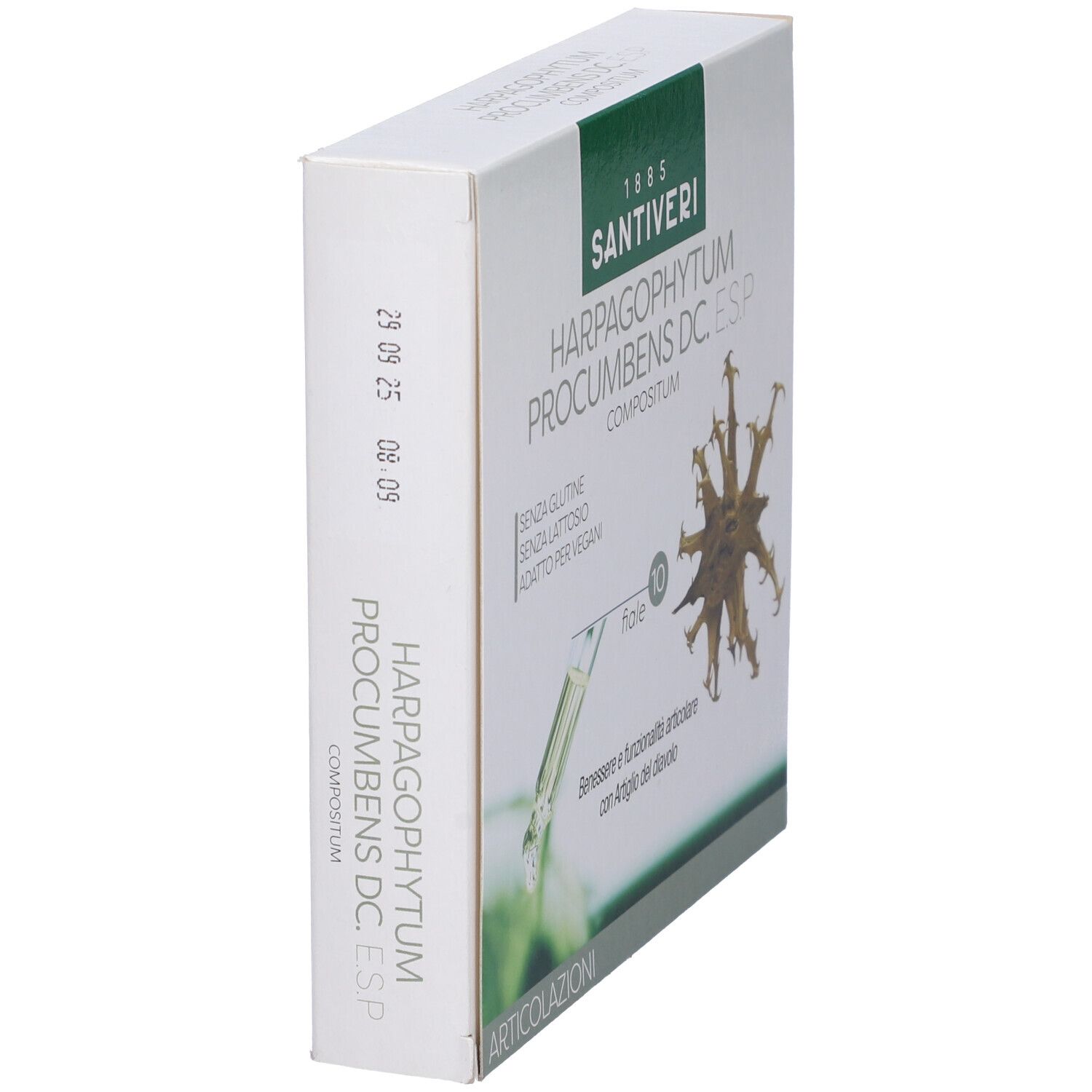 Confezione del prodotto in prospettiva. Stampa: nome del prodotto, 10 fiale, senza glutine, senza lattosio, vegano.