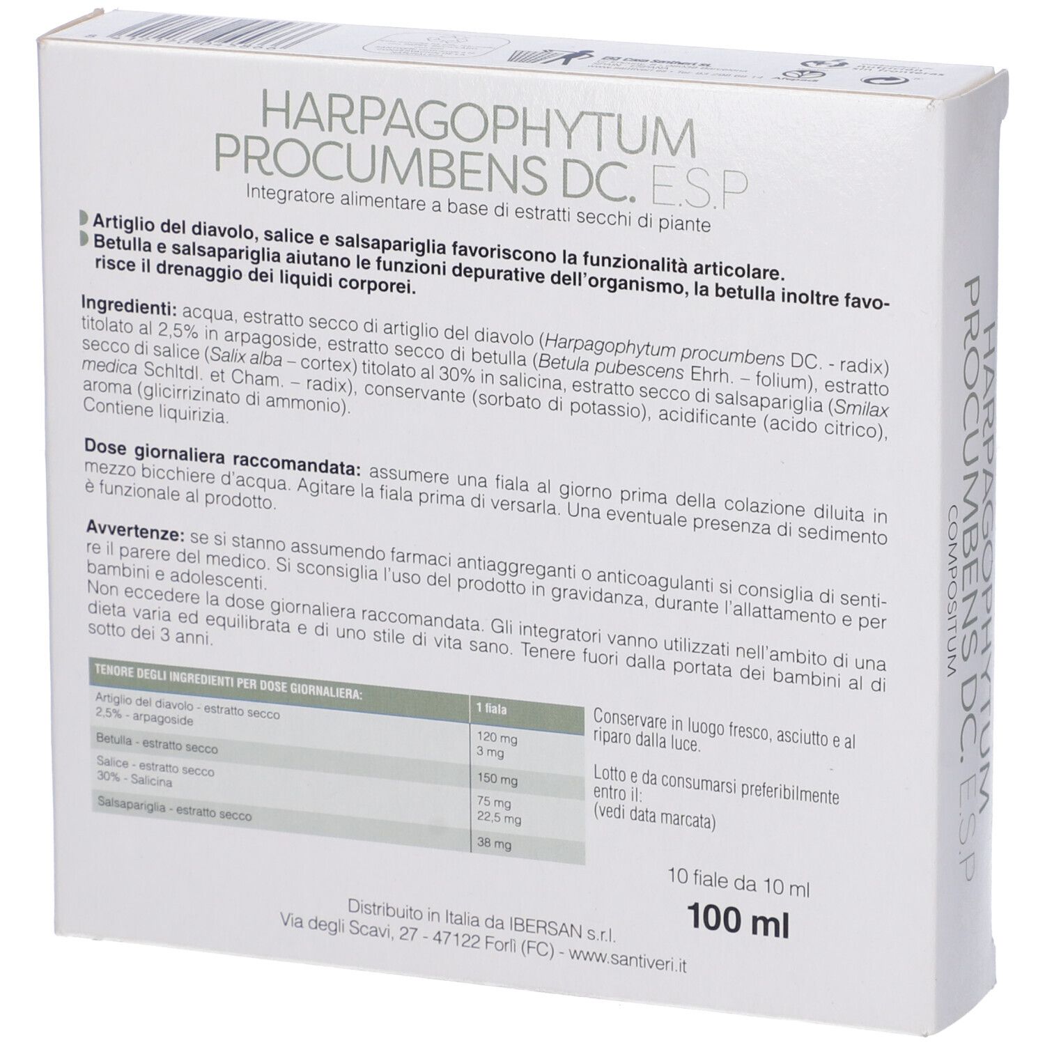 Confezione del prodotto con testo. Contiene ingredienti e raccomandazioni di dosaggio. 100 ml.