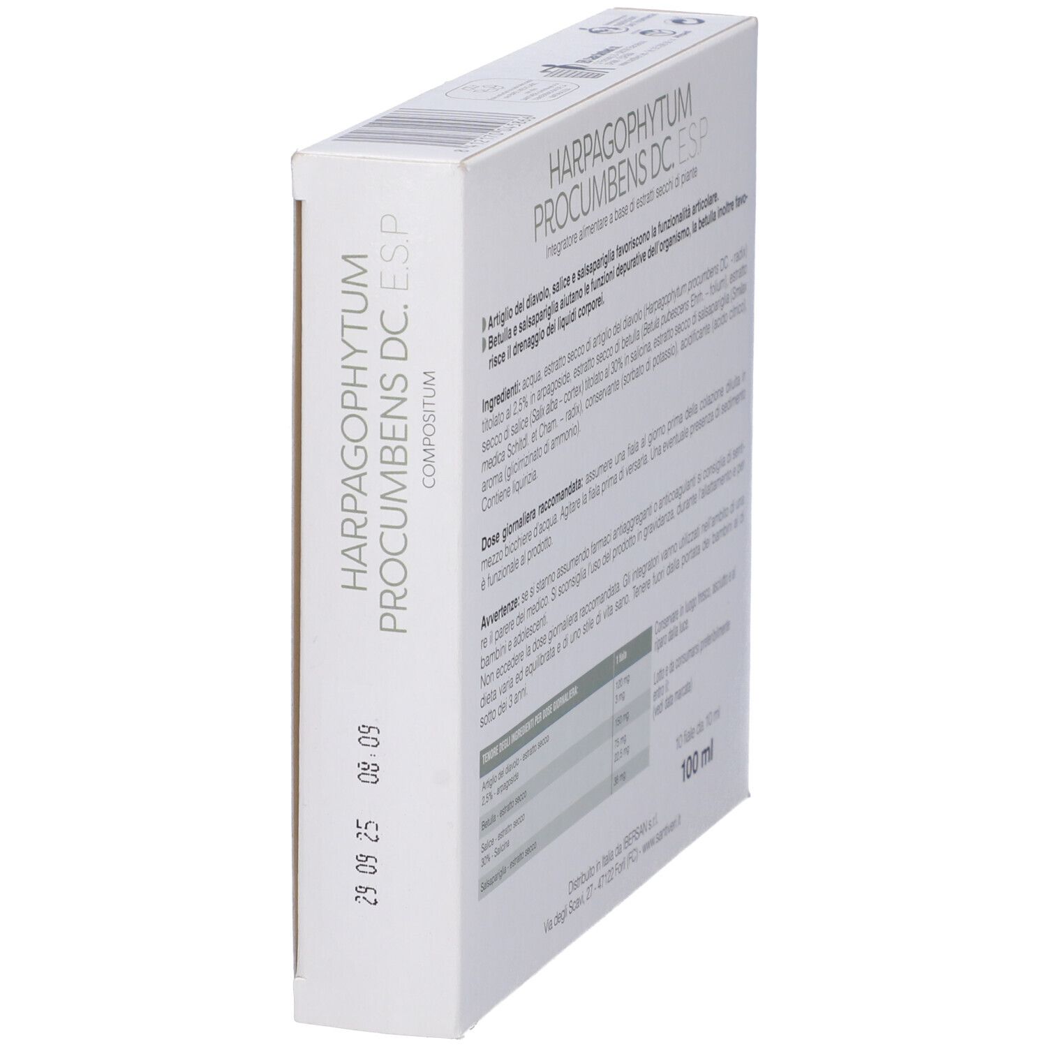 Confezione del prodotto in prospettiva con testo. Contiene ingredienti e raccomandazioni di dosaggio. 100 ml.