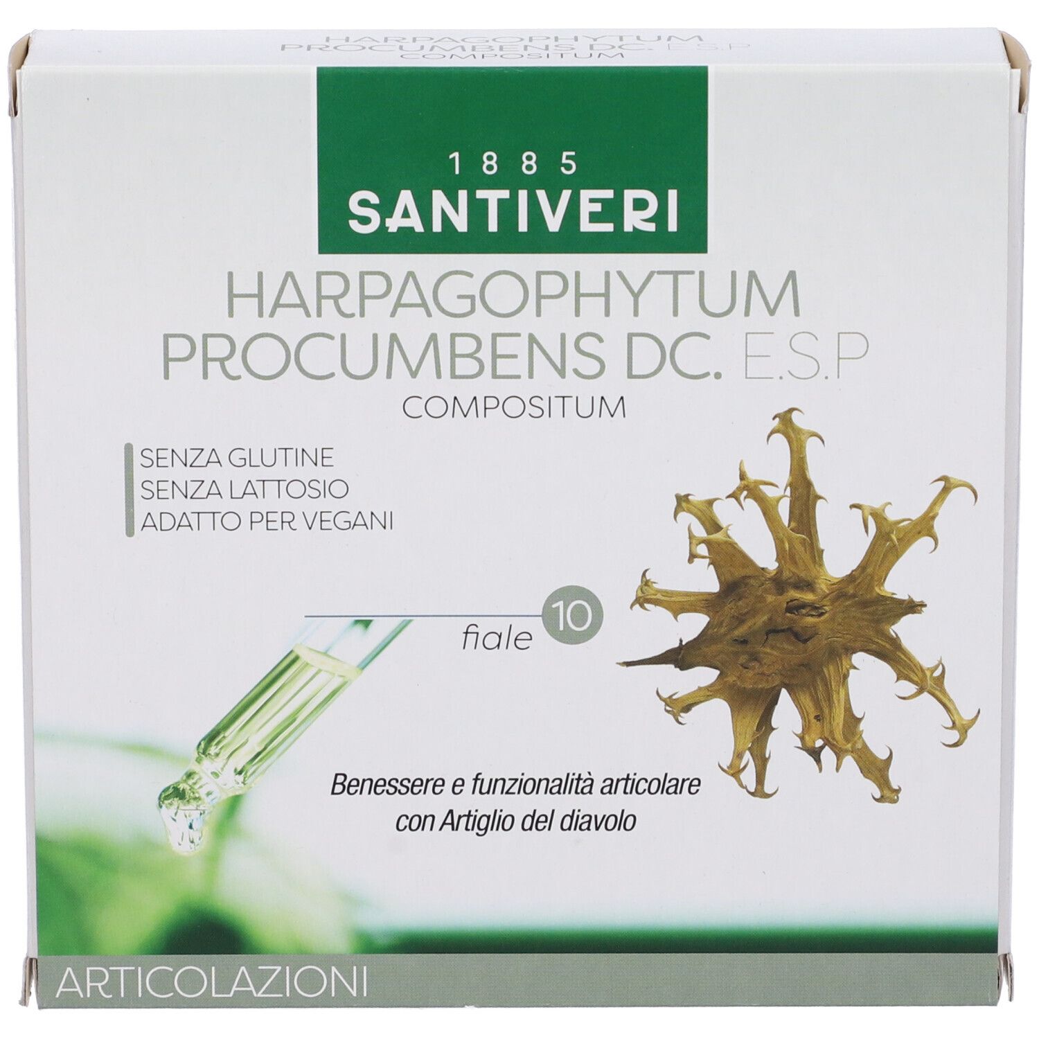 Confezione con nome del prodotto e illustrazione. Contiene 10 fiale. Senza glutine, senza lattosio, vegano.
