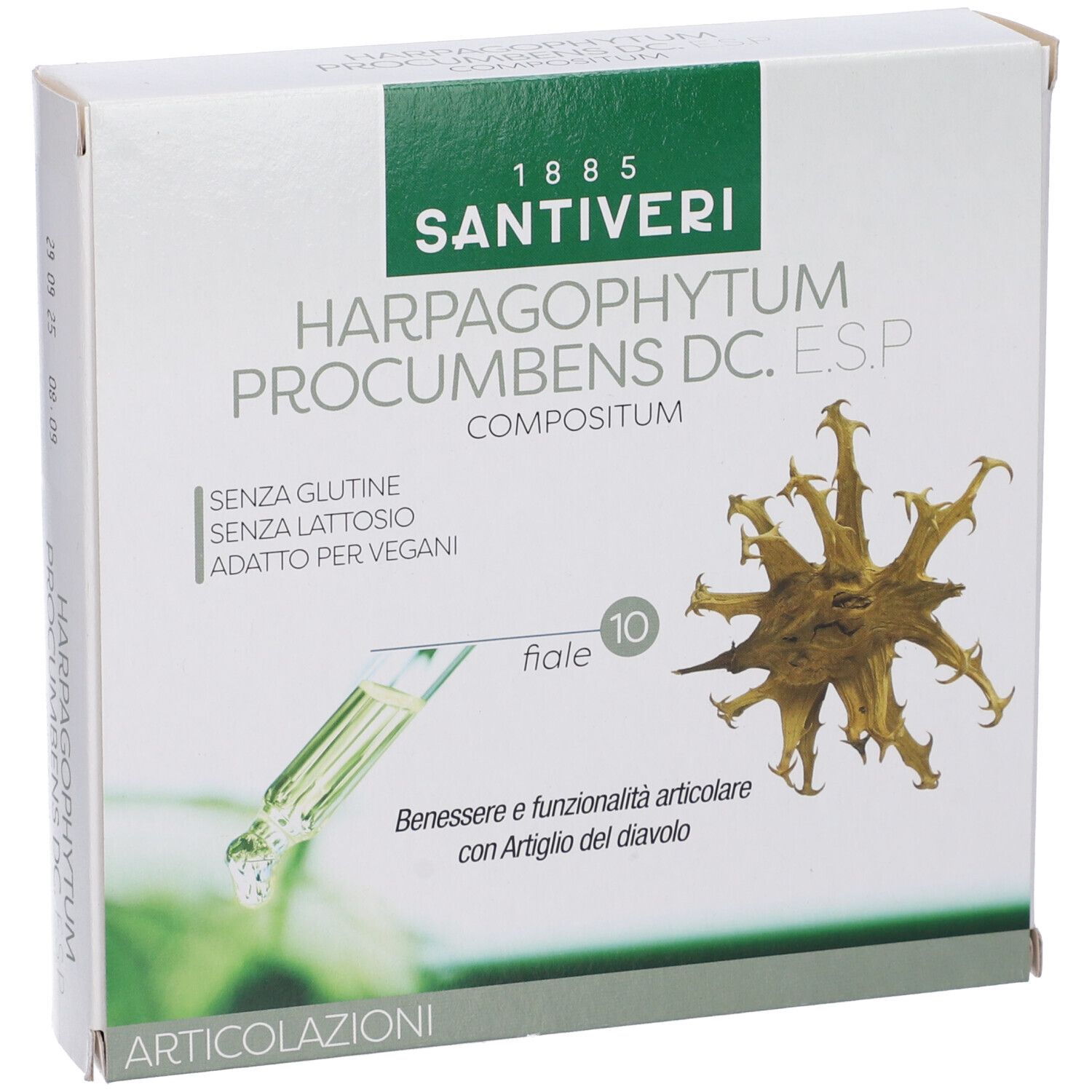 Confezione con nome del prodotto e illustrazione. Contiene 10 fiale. Senza glutine, senza lattosio, vegano.