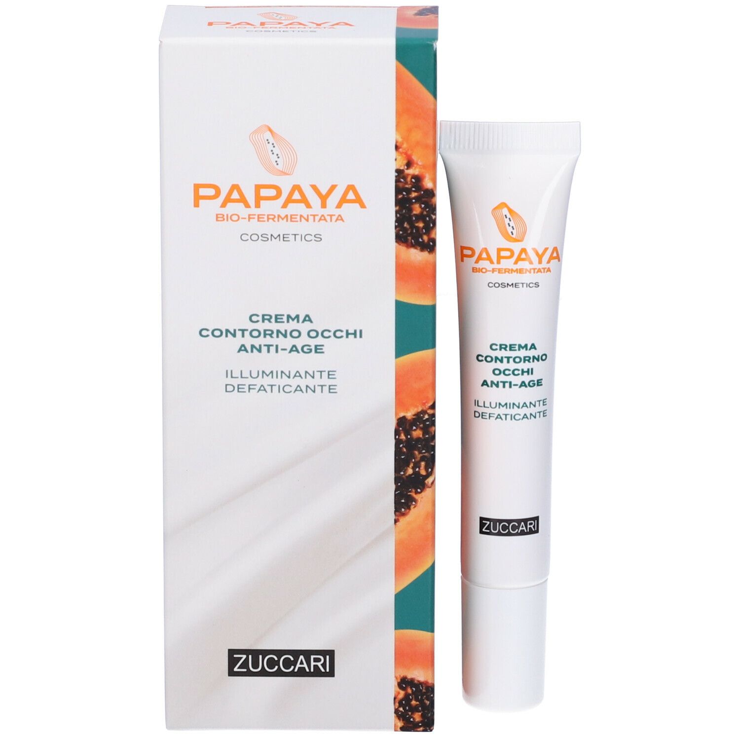 Confezione del prodotto con tubo. Scatola bianca con design papaya arancione. Testo: PAPAYA, CREMA CONTORNO OCCHI ANTI-AGE, ZUCCARI.