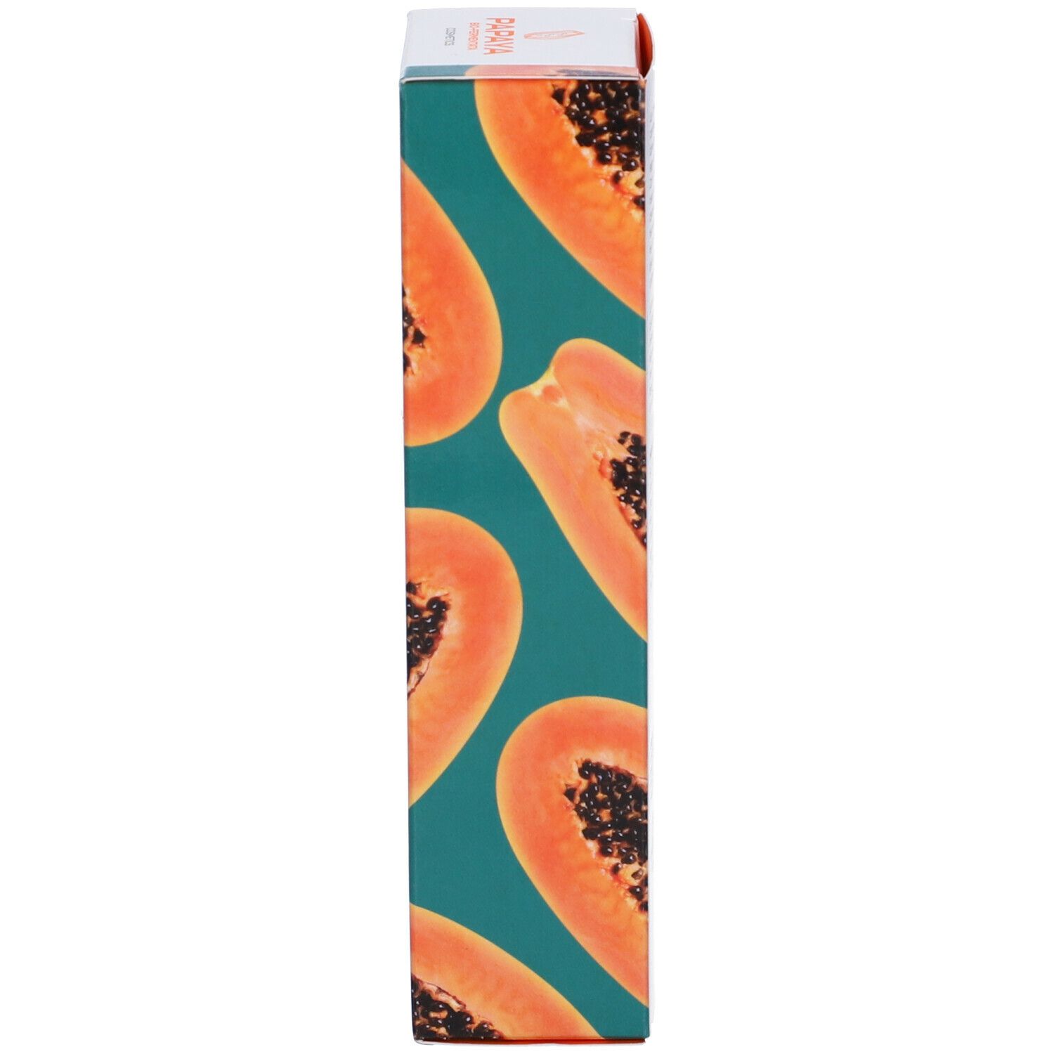 Lato stretto della confezione del prodotto. Design papaya in arancione e turchese. Motivo ripetitivo.