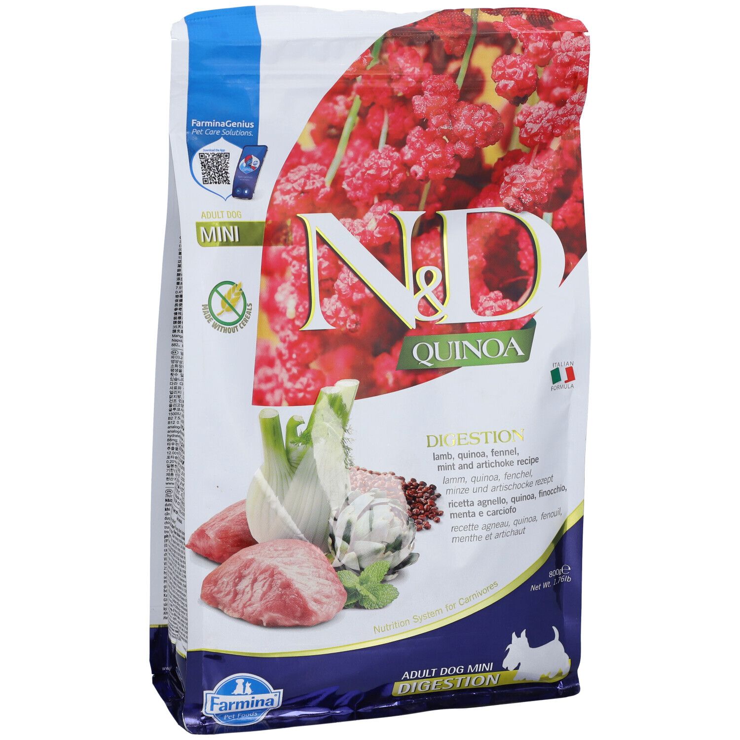 Confezione di cibo secco. Stampa: N&D Quinoa, ingredienti, logo Farmina. Immagine degli ingredienti: carne, finocchio, carciofo.