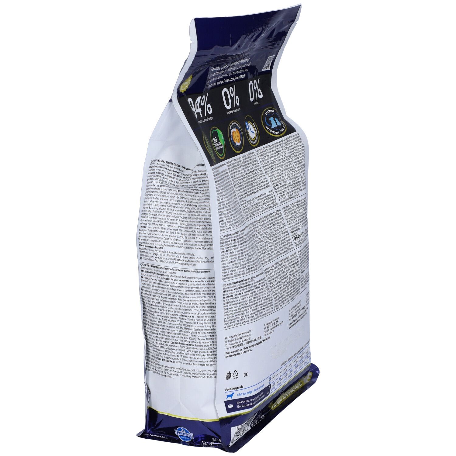 Confezione di cibo per cani, vista laterale. Testo: 94% origine. Logo Farmina. Testo multilingue.